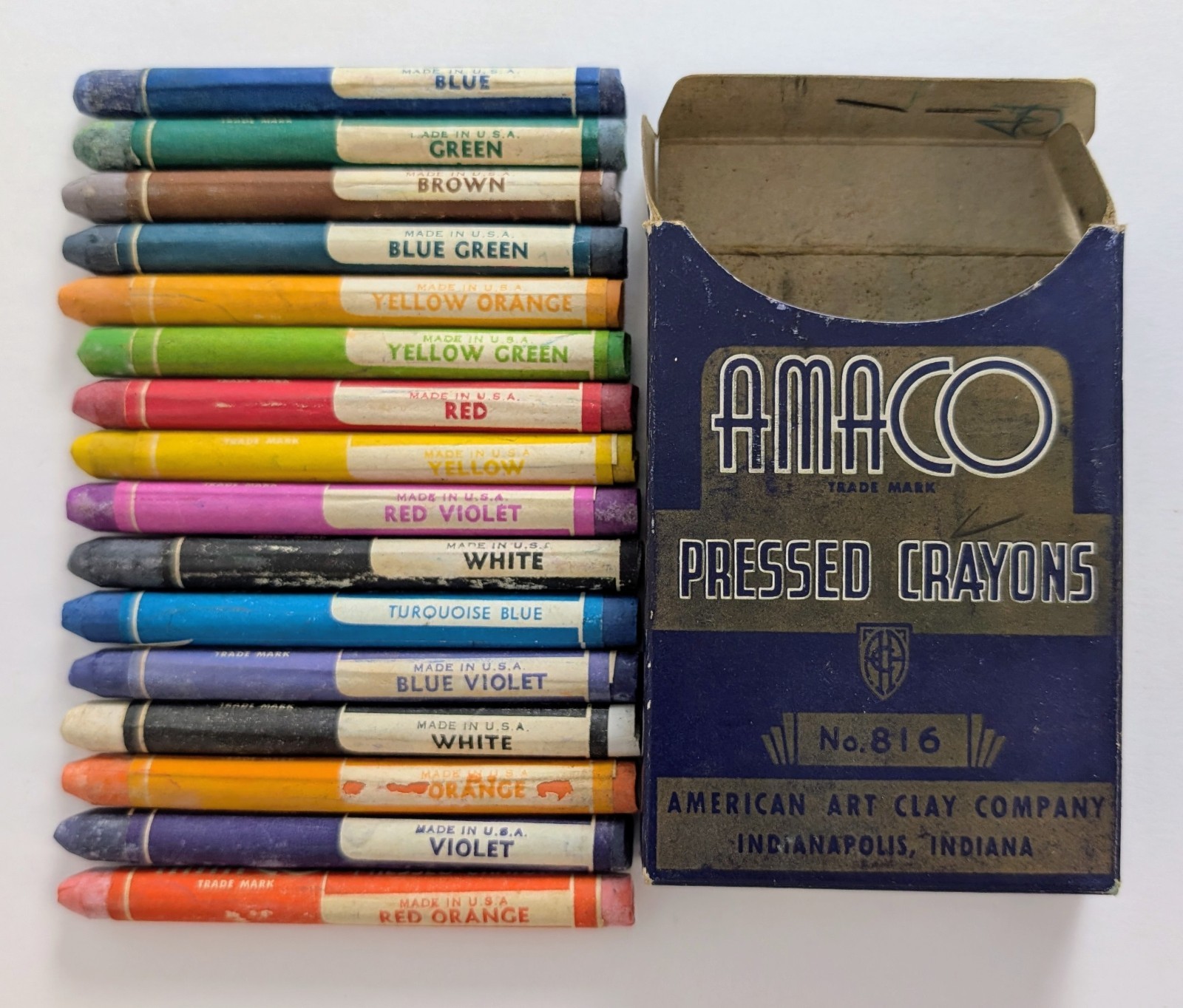 Vintage AMACO No 816 Pressed Crayons 16 Colors Original Box 1940s 1950s