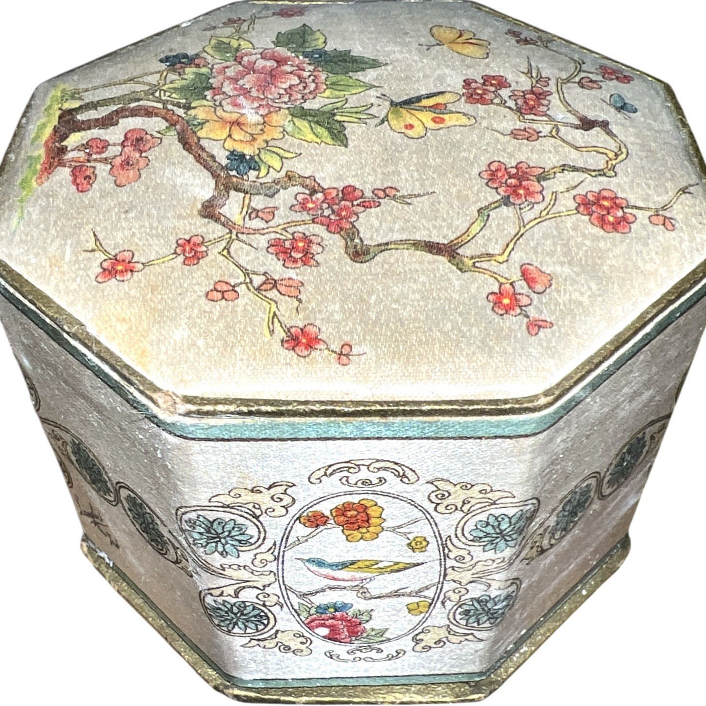 Antique 1920’s Face Powder Box Shari Langlois New York Silk chinoiserie covered
