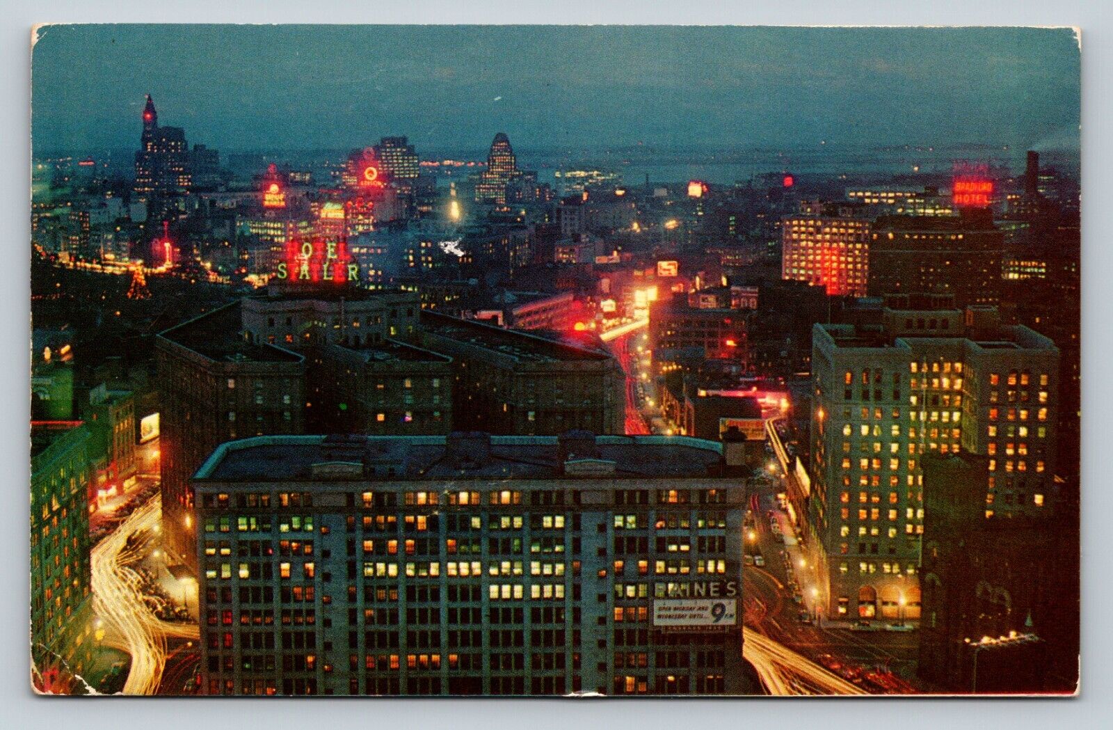 Nighttime Aerial View of BOSTON MA Traffic Buildings City View VINTAGE Postcard