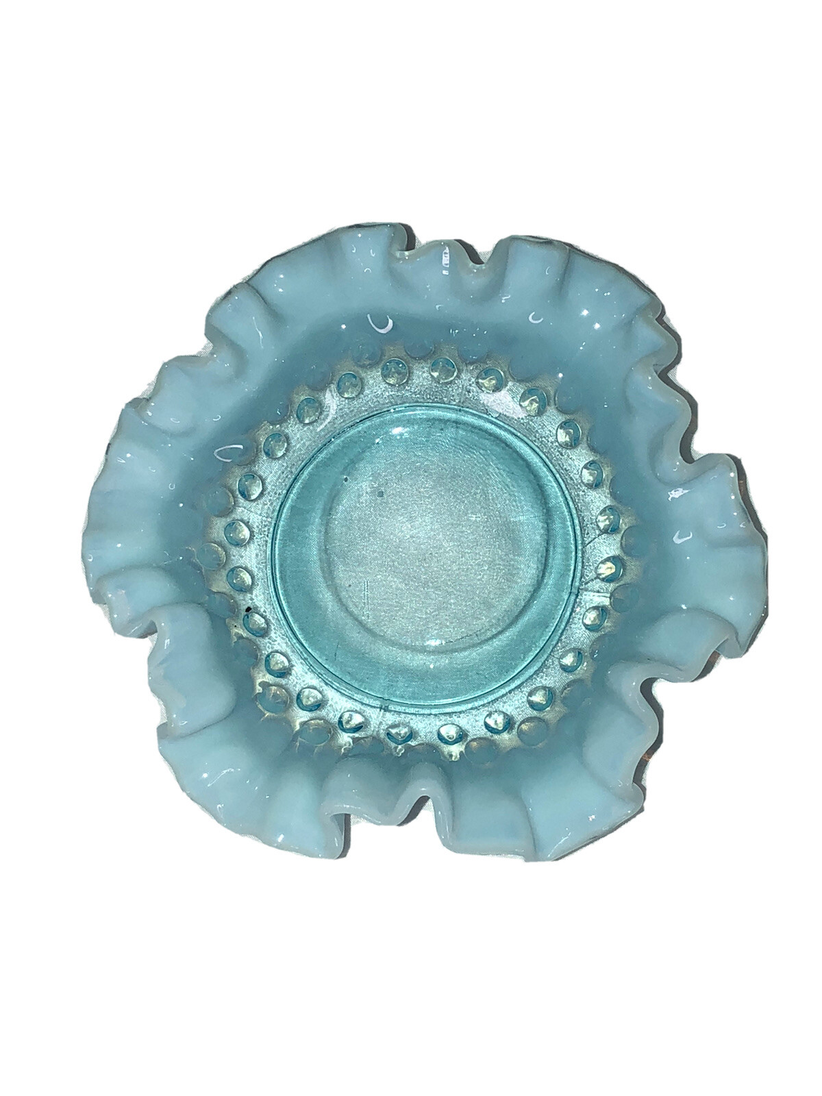 Fenton Ruffled Rim Hobnail Dish Opalescent Blue Glass Vintage Trinket Dish Bowl