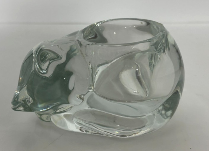 Vintage Clear Glass Sleeping Cat Votive Candle Holder Heavy Kitty Figurine Decor