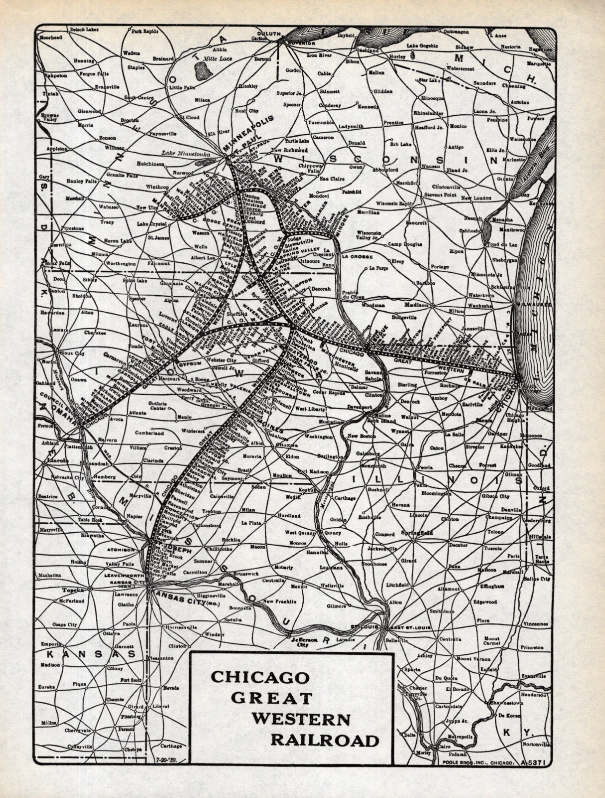 1939 Antique Chicago Great Western Railroad Map Vintage Railway Map  2548