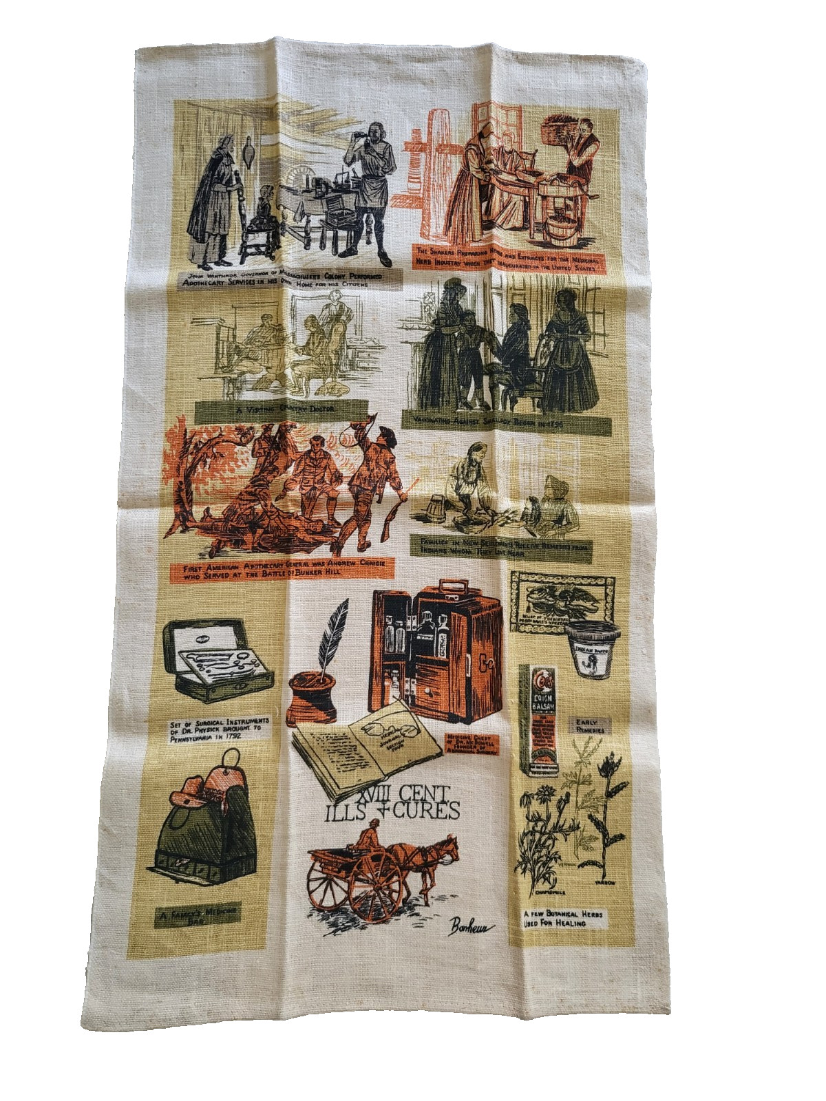 Vintage 18th Century Medical Ills & Cures Kitchen Linen Tea Towel by Bonheur