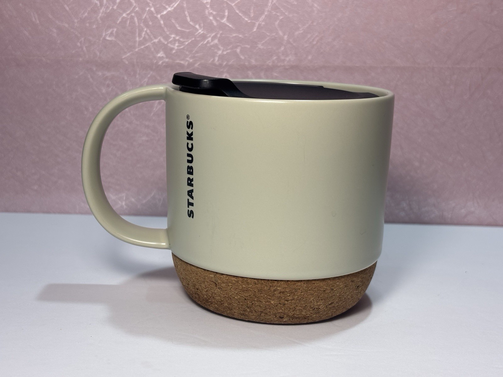 Starbucks 2016 White Coffee Mug Cup w/ Black Travel Lid Cork Bottom 12 OZ Starbucks 2016 White Coffee Mug Cup w/ Black Travel Lid Cork Bottom 12 OZ