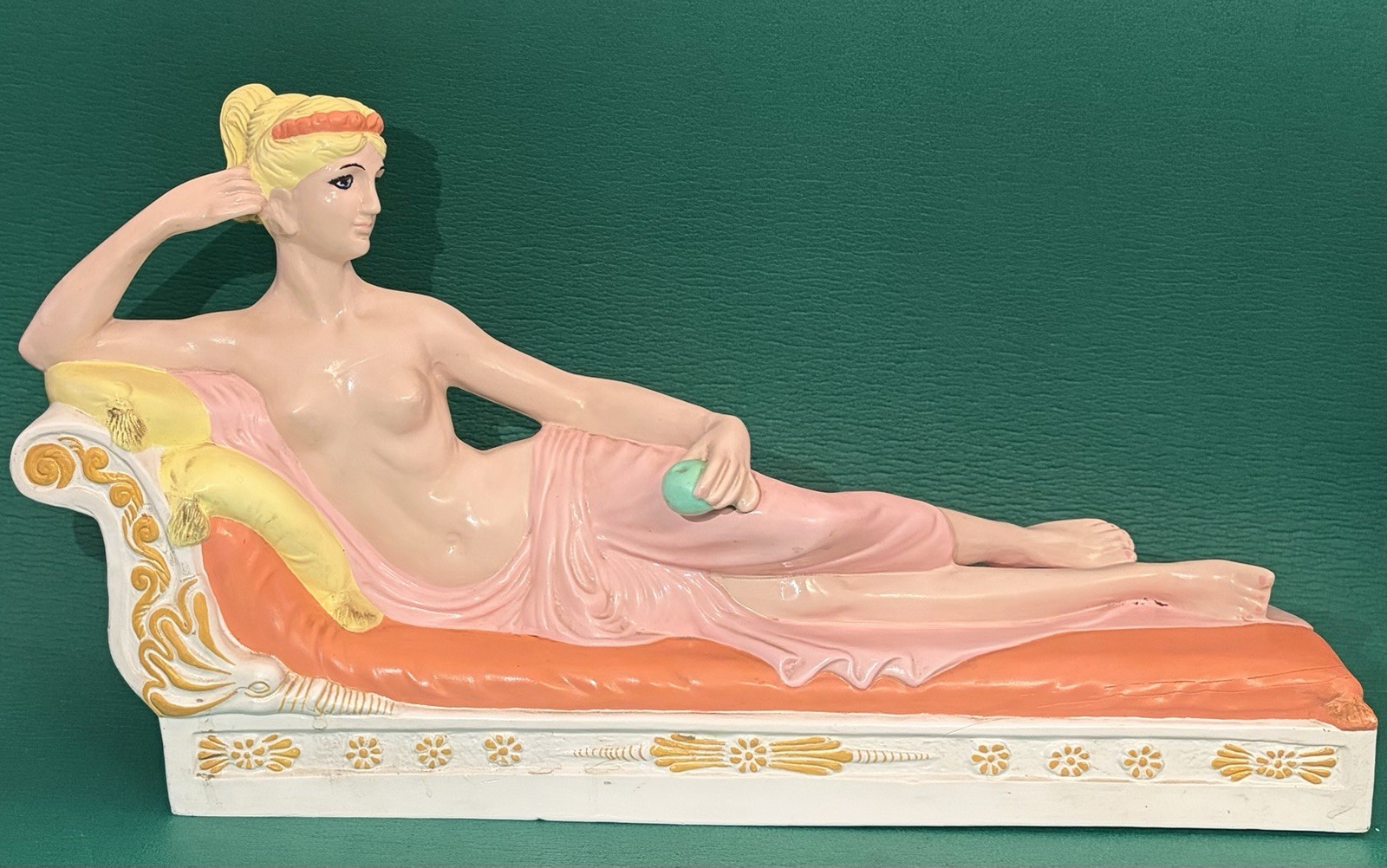 Vtg Nude Goddess Reclining on Couch Ceramic Long Figurine, Blonde Pink, Bell Co