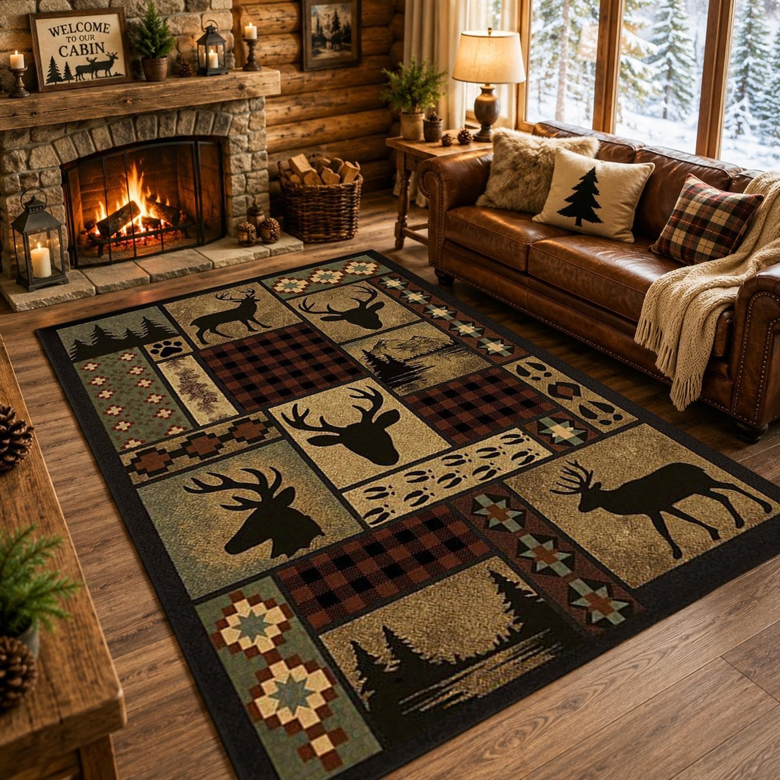 Deer Rug 5x8 ft, Rustic Lodge Cabin Wildlife Rug with Buffalo Plaid, Washable... Deer Rug 5x8 ft, Rustic Lodge Cabin Wildlife Rug with Buffalo Plaid, Washable...