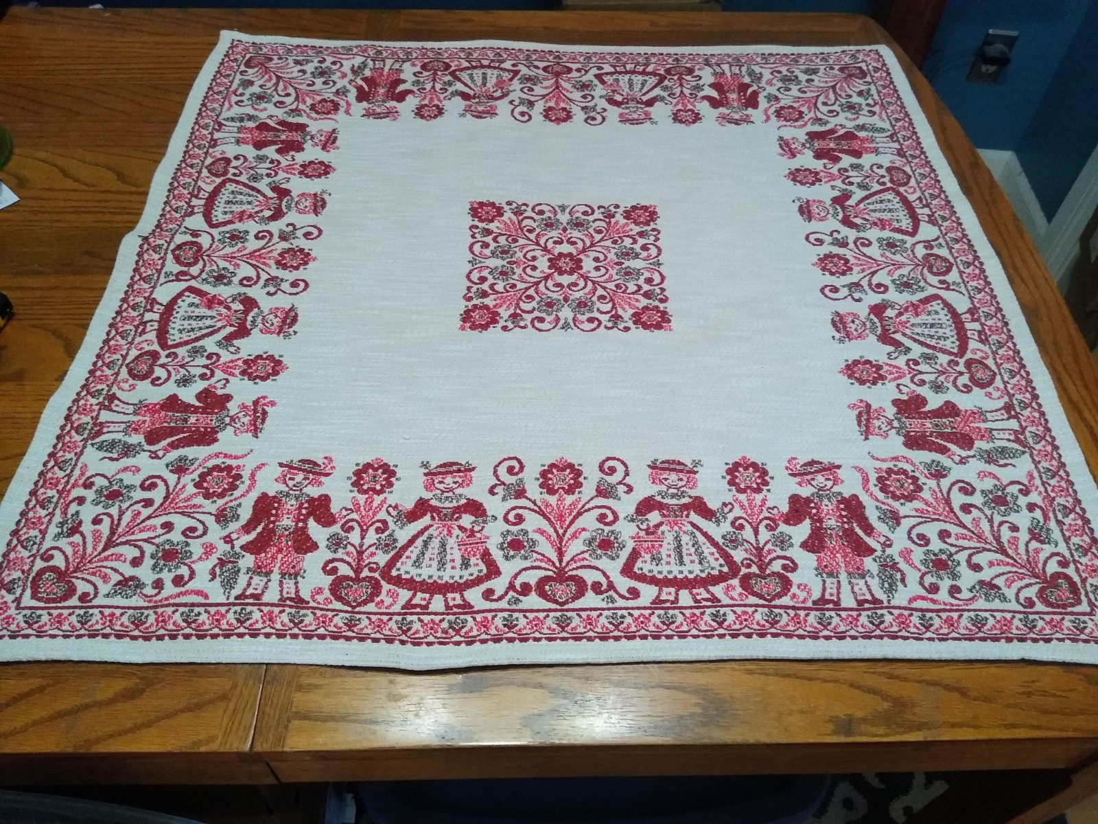 Vtg Austrian Folk Art  Embroidered Tablecloth Red Cream Cotton Linen 35\