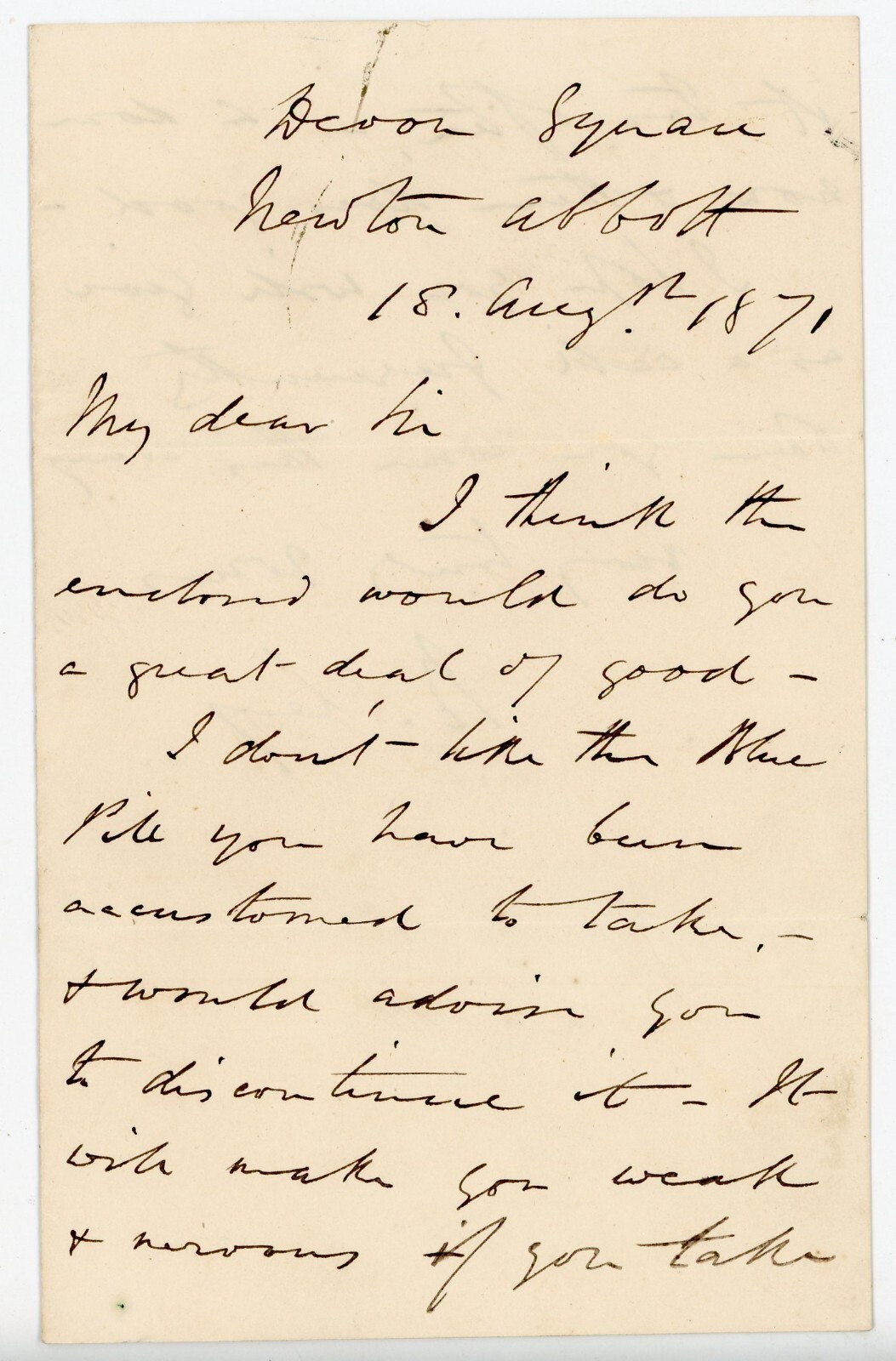 1871 Handwritten Medical Advice Letter by R. Ley Newton Abbott Devon Signed