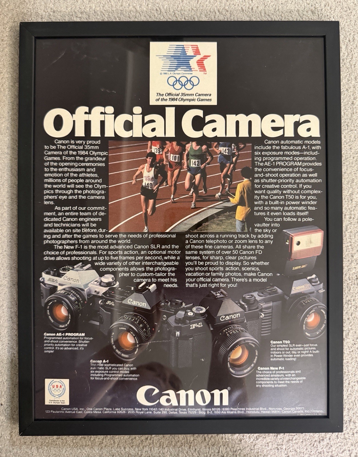 1984 LA Olympics Canon Camera Framed Magazine Ad Print 10x13 Vintage Canon