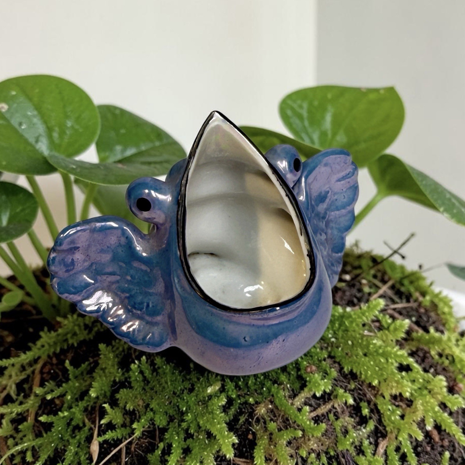 Vtg Mid Century Japan Lusterware Blue Bird Toothpick Holder Open Mouth Planter