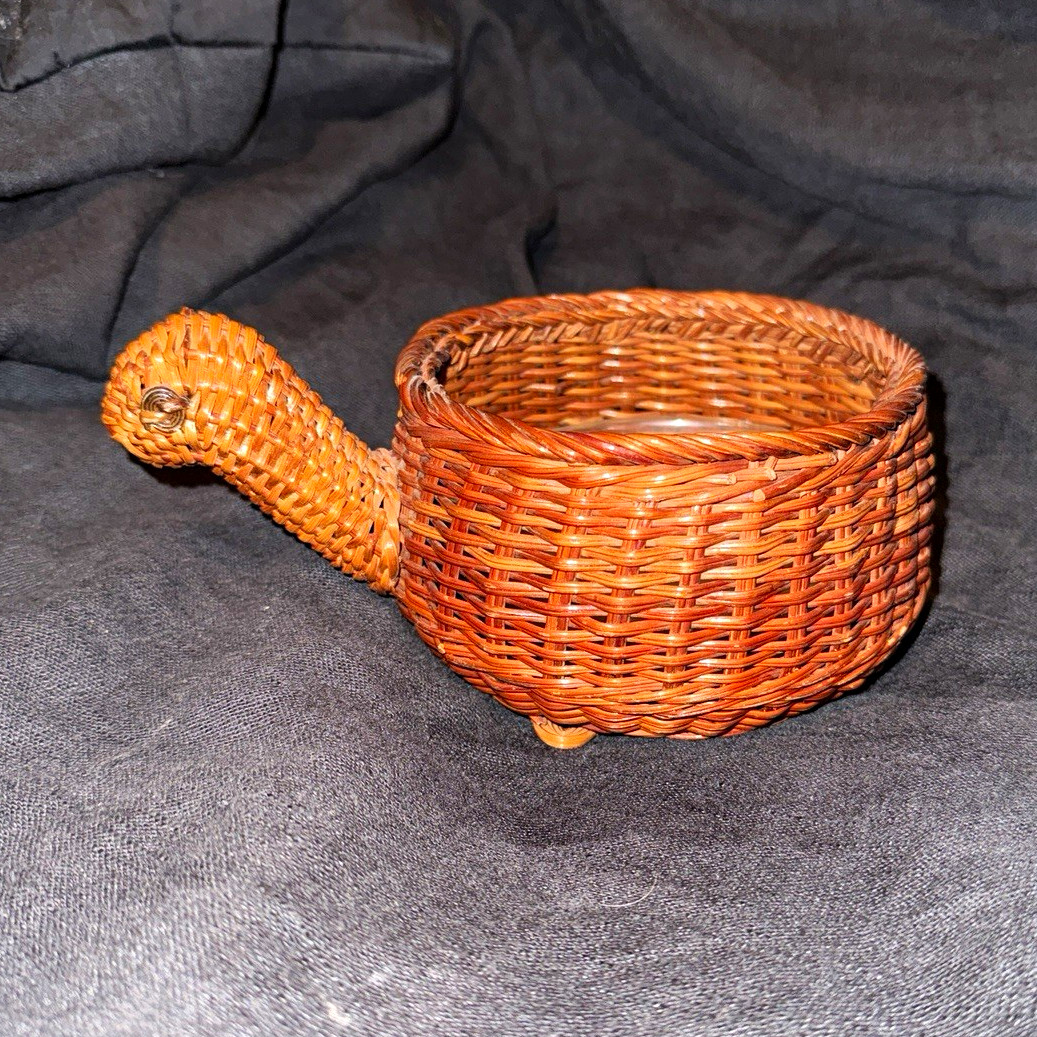 Vintage Small Woven Wicker Turtle basket planter