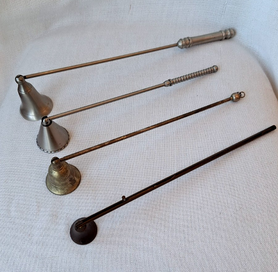 Vtg Candle Snuffer Lot of 4 Ornate Long Handle, Brass, Pewter, Metal