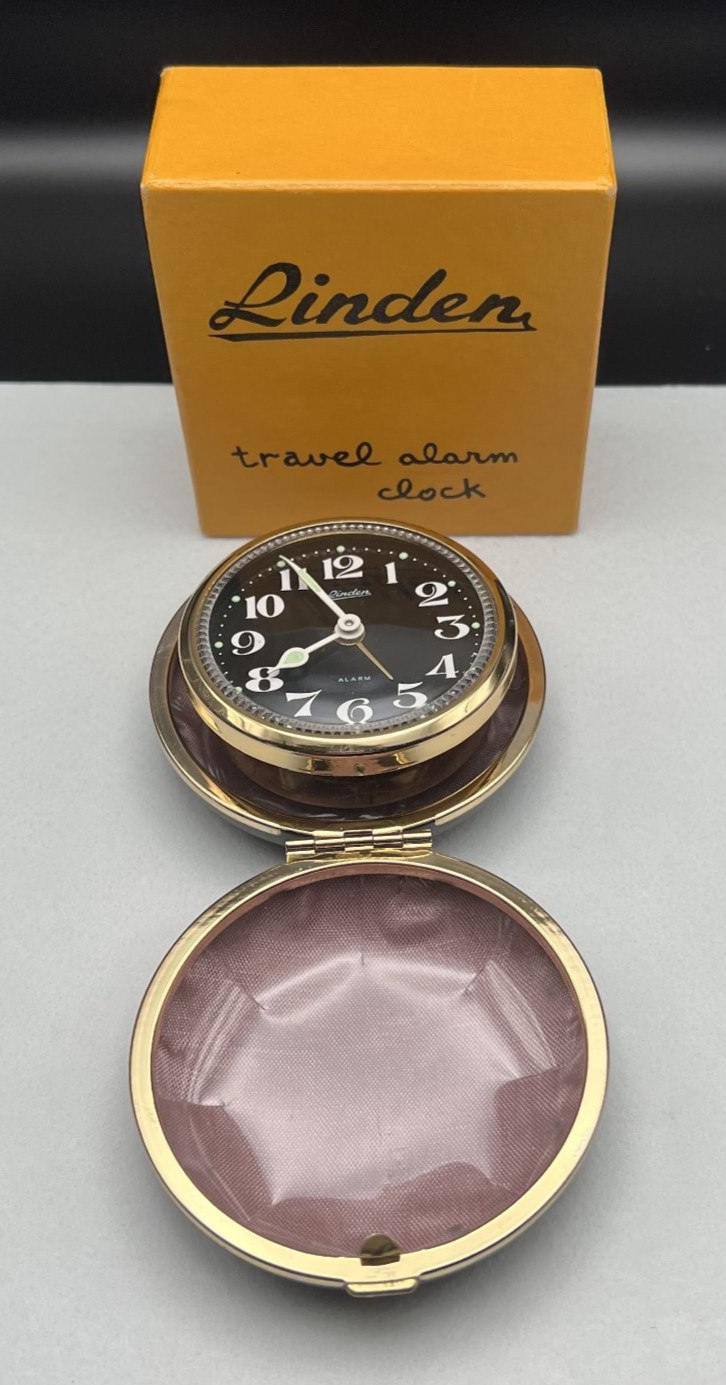 Vintage 1970s Linden Travel Alarm Clock Black Dial Gold Tone Case Japan w/ Box Vintage 1970s Linden Travel Alarm Clock Black Dial Gold Tone Case Japan w/ Box