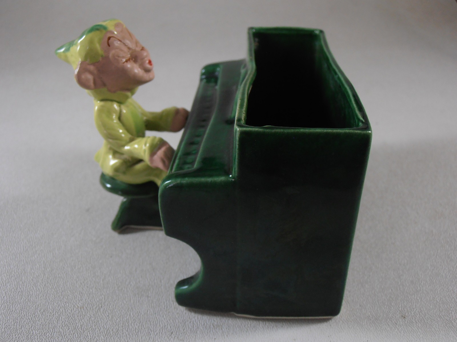Vintage 1950s Ceramic Elf Pixie Playing The Piano Planter Vase Green MCM
