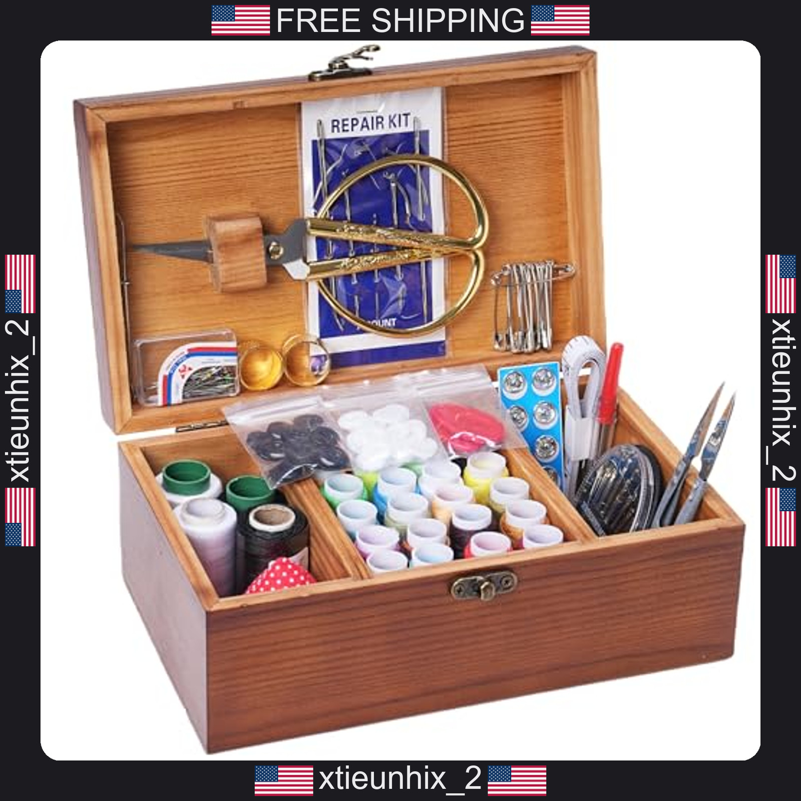 Wooden Sewing Kit Box with Needles Pins Buttons and Accessories for Adults