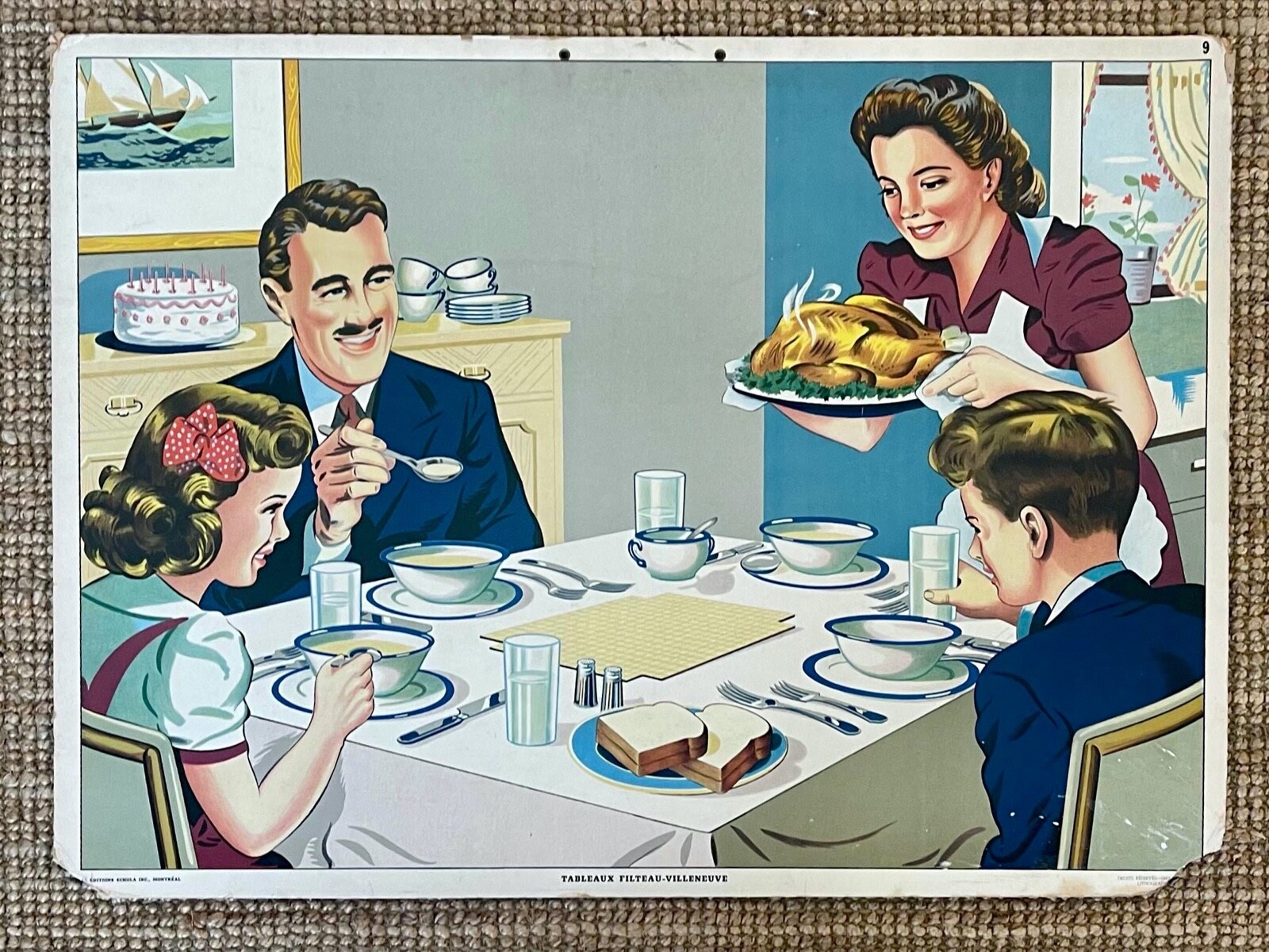 Vintage French-Canadian Educational Poster Depicting Dinner-Dbl Sided