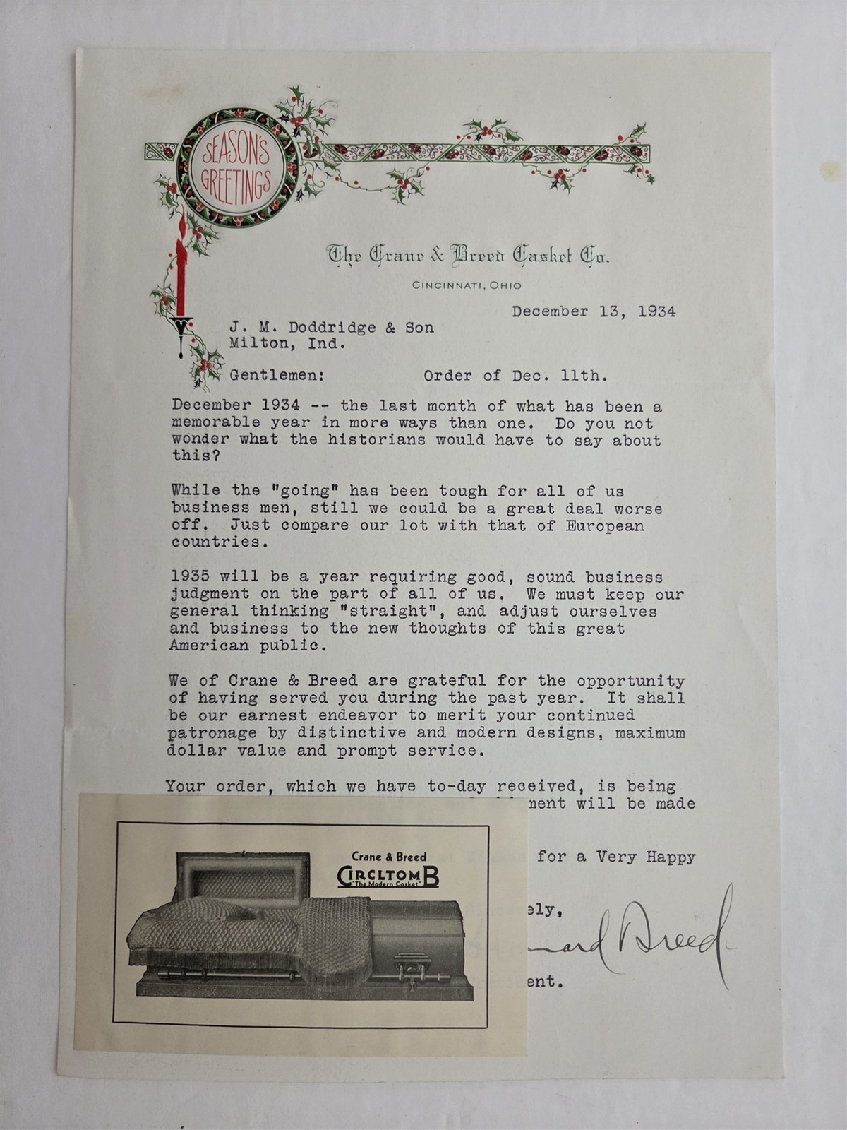 1934 antique CRANE & BREED CASKET Co cincinnati oh CHRISTMAS CASKET PHOTO LETTER