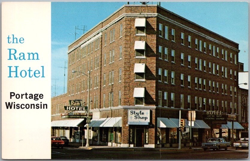 PORTAGE, Wisconsin Postcard THE RAM HOTEL Downtown Street Scene c1960s - Unused