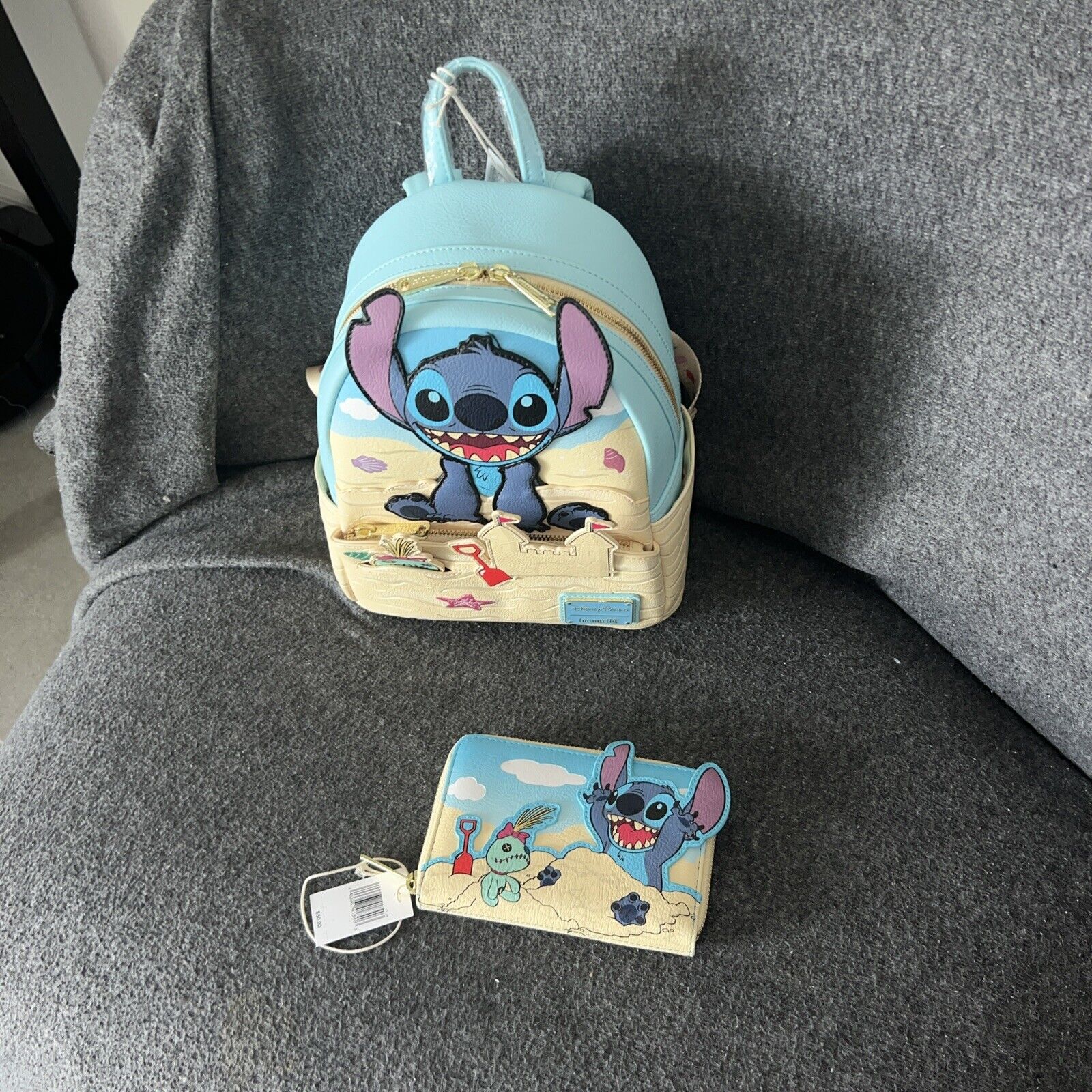 Disney Parks Loungefly Stitch & Scrump Beach Day Sand Castle Backpack & Wallet