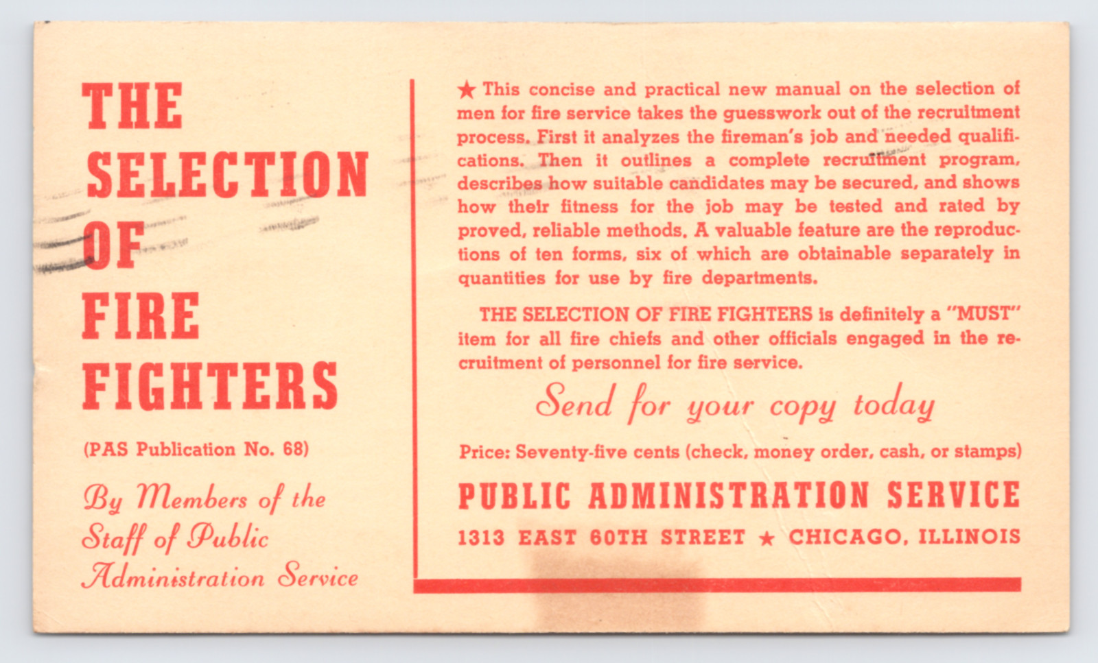 1940 Public Administration Service Fire Fighters Manual Postal Card Chicago IL 1940 Public Administration Service Fire Fighters Manual Postal Card Chicago IL