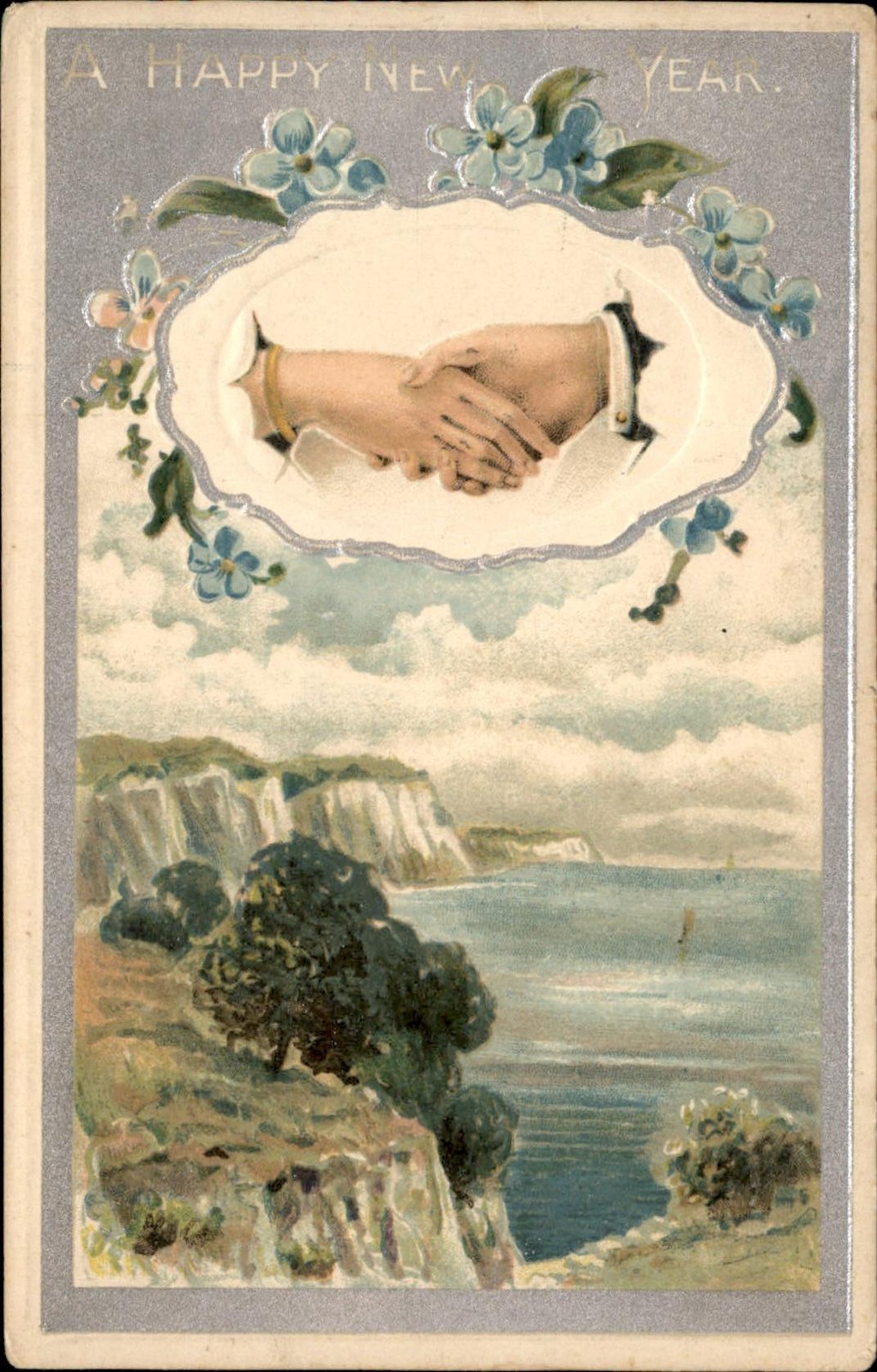 New Year\'s Handshake in Floral Frame Davidson Bros. c1900s-10s Vintage Postcard