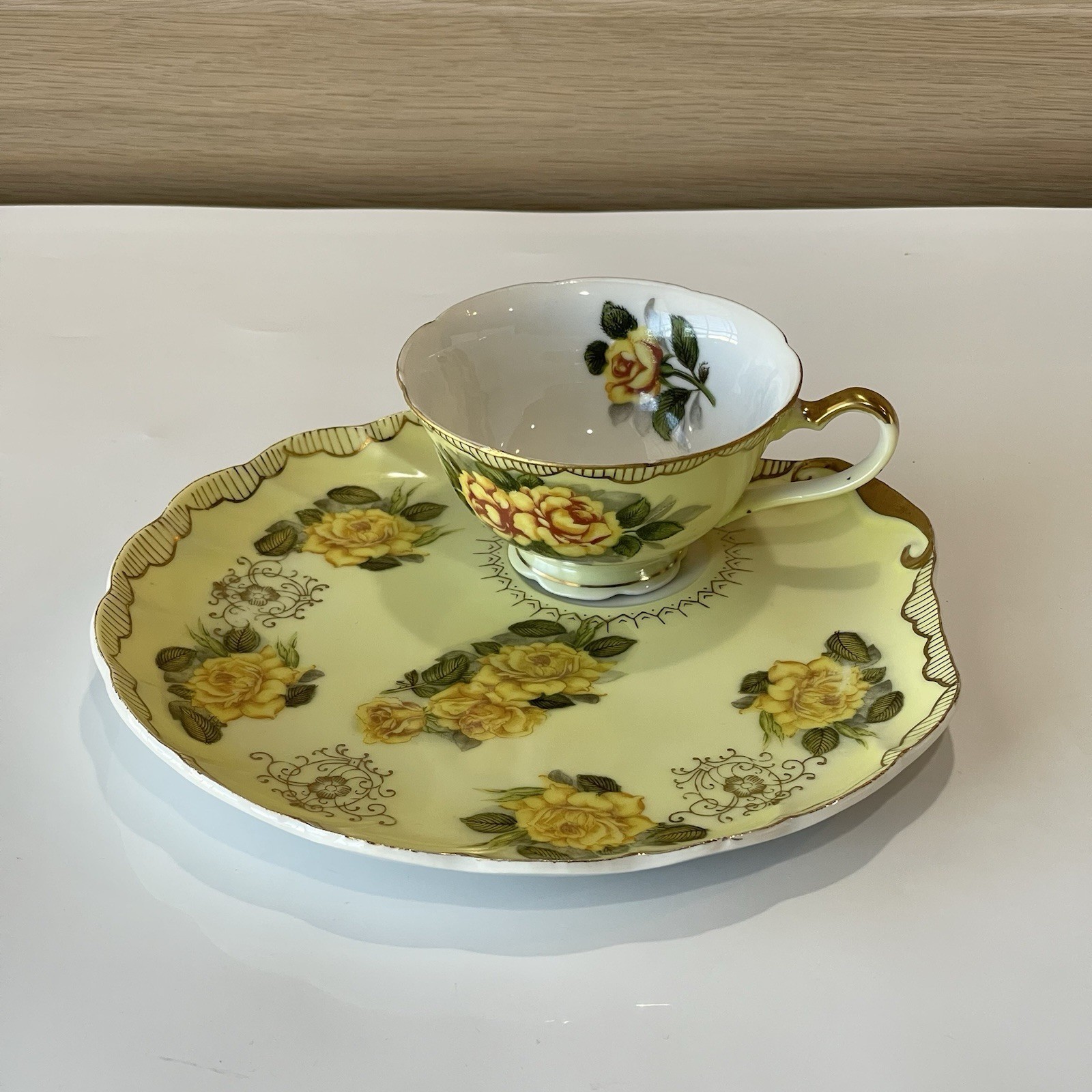 Vintage Lefton China Yellow Rose Snack Set 2759B Teacup Asymmetric Plate 1950s
