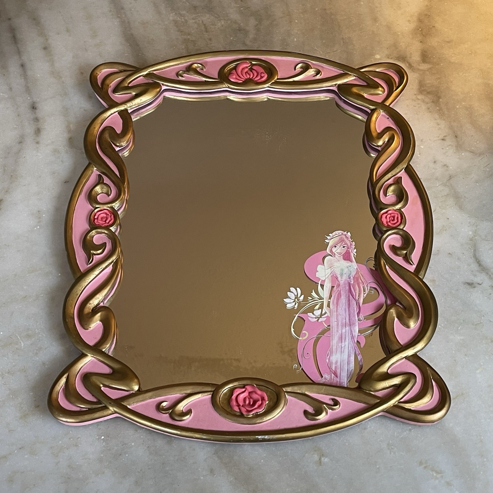 Vintage Disney Enchanted Princess Giselle Pink And  Gold Mirror 15” x 12”