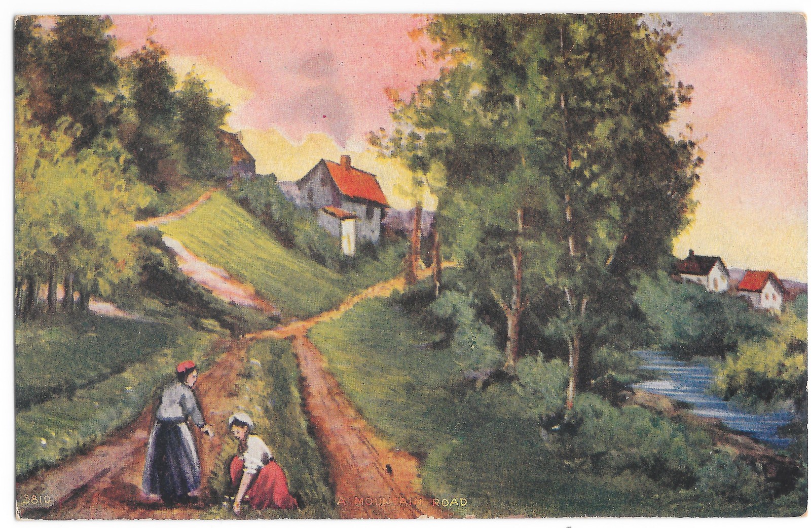 A Mountain Road Antique Postcard Rural Country Scene Cottage c1910