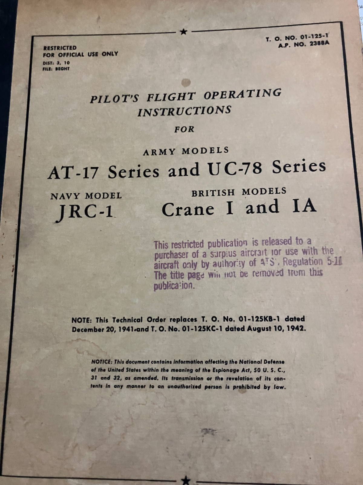 ORIGINAL WW-2 Pilots Flight Operating Instructions for AT-17 and UC-78