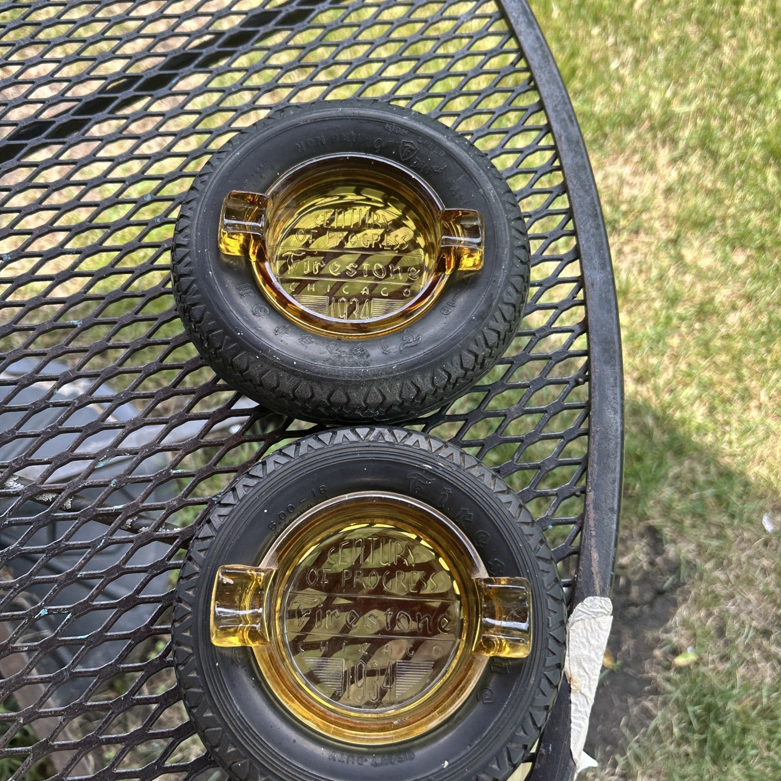 2 Vintage Firestone Tire Ashtrays Amber Glass 1934 Century of Progress Chicago