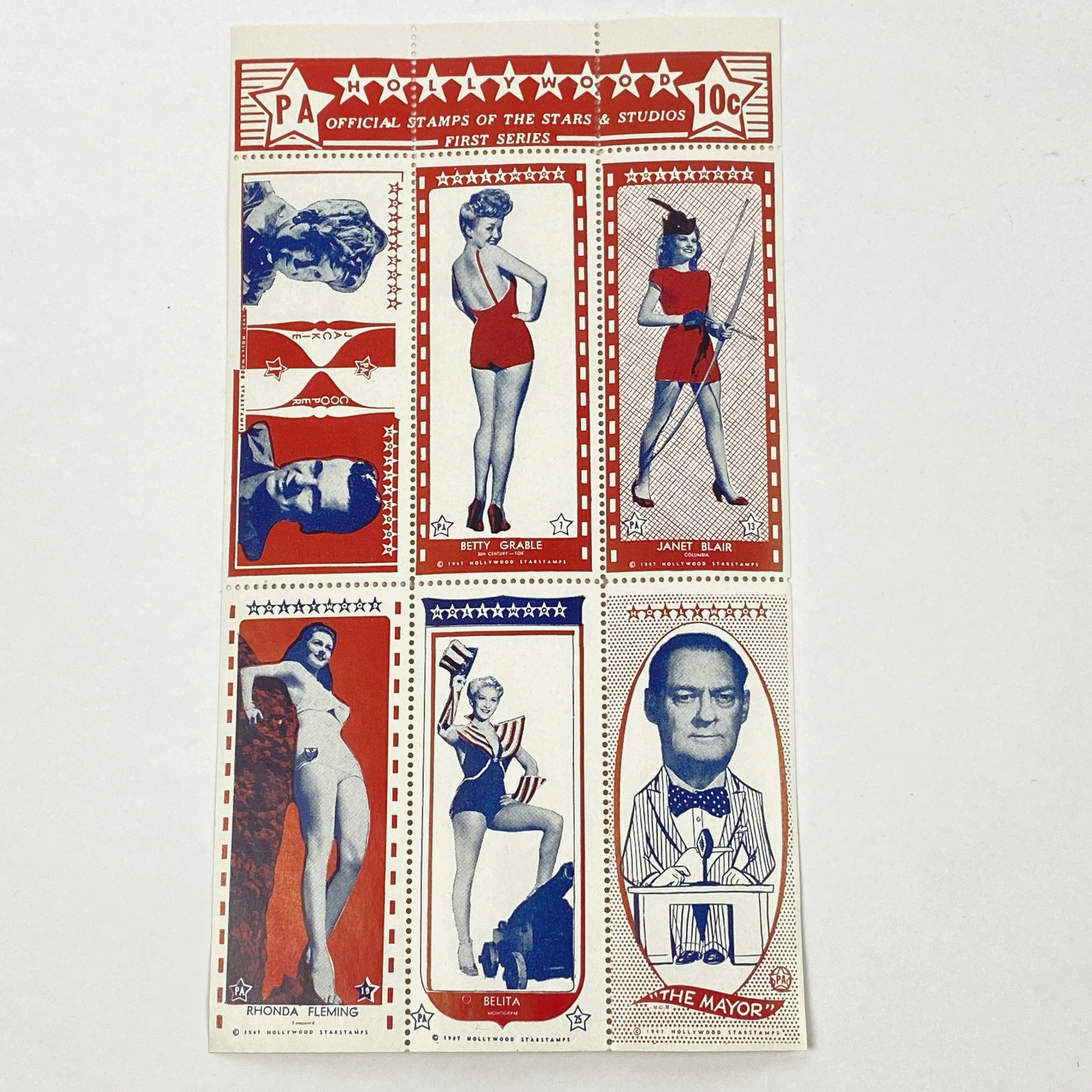1947 Hollywood Starstamps Sheet Betty Grable Rhonda Fleming Janet Blair VTG