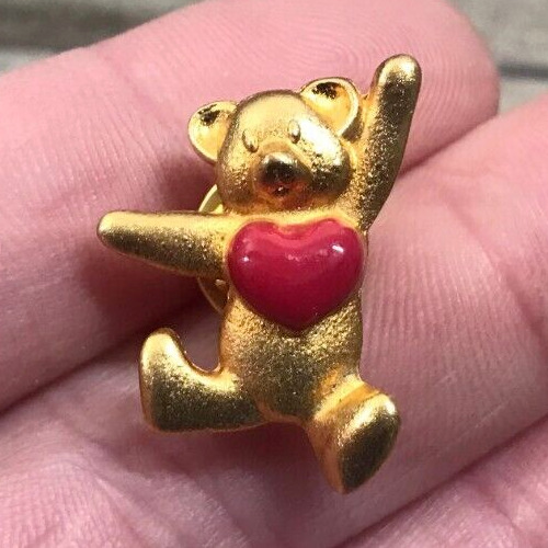 Teddy Bear With Red Heart Gold Tone Lapel Hat Backpack Collectible Pin
