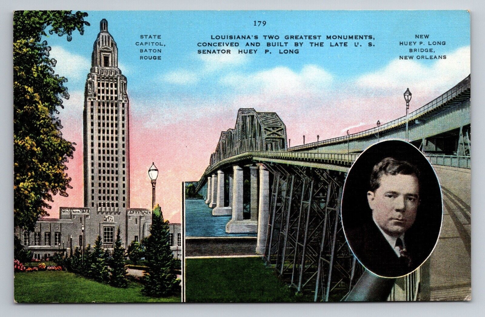 Louisiana's Senator Huey P. Long Vintage Unposted Circa 1935 Linen Postcard