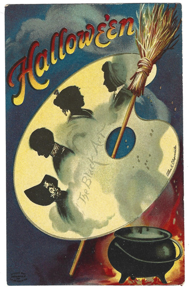 Atq Halloween Postcard The Black Art Palette Cauldron Broomstick IAP 1393 Unpost