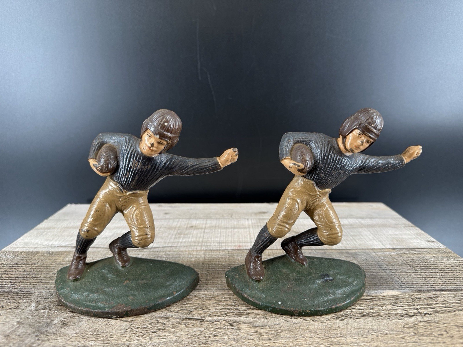 antique Hubley cast iron football player bookends from the 1920s.