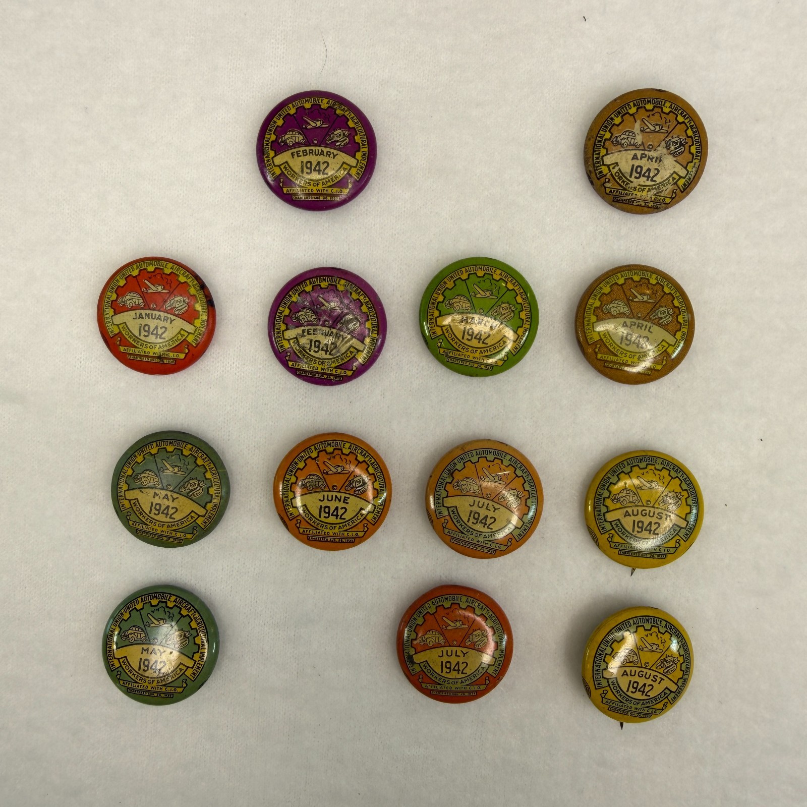 Vintage 1942 UAW CIO Union Dues Pinback Button Lot 13 WWII Homefront Auto