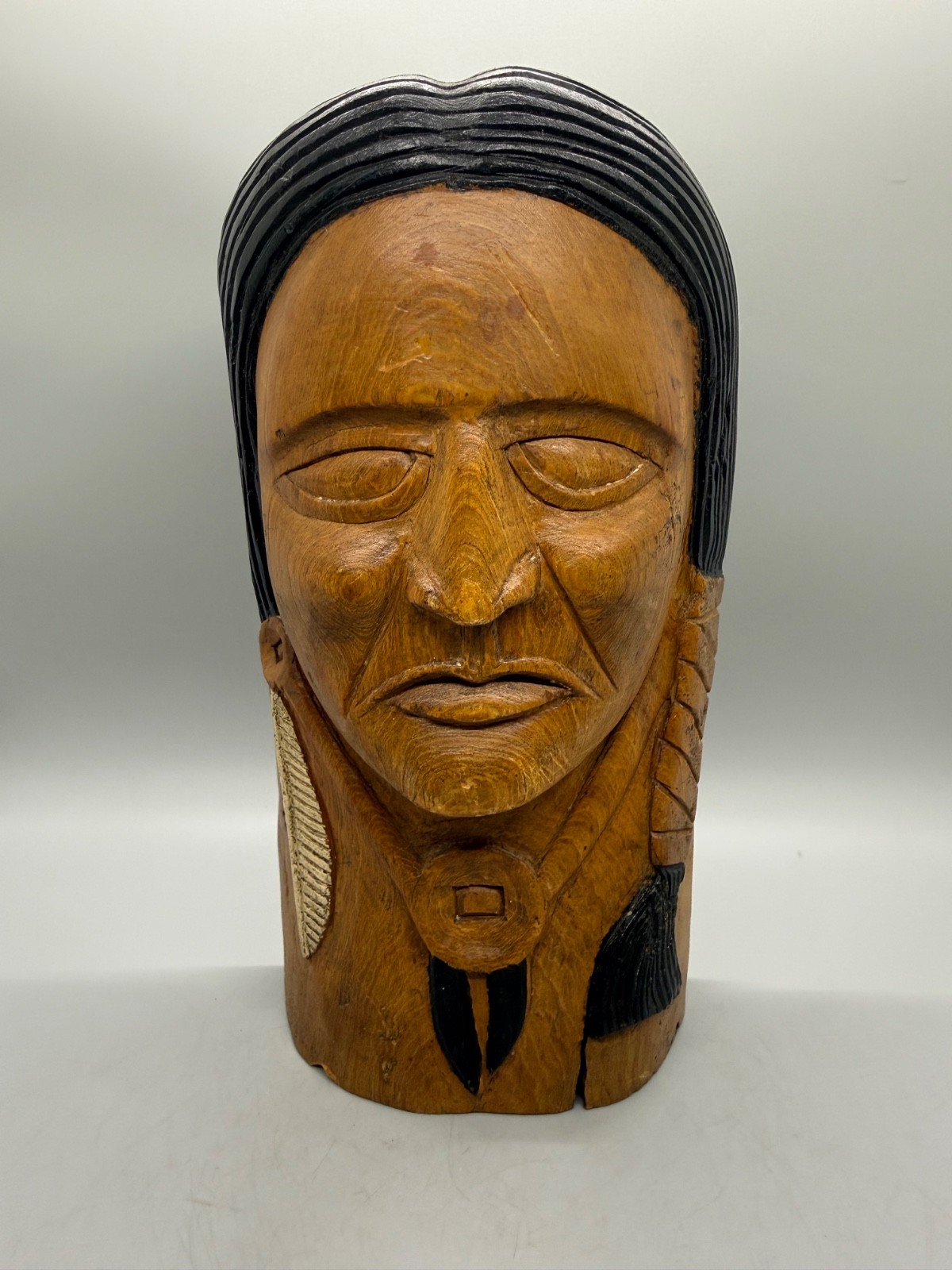 Vintage Hand Carved Wooden Native American Bust Sculpture Signed