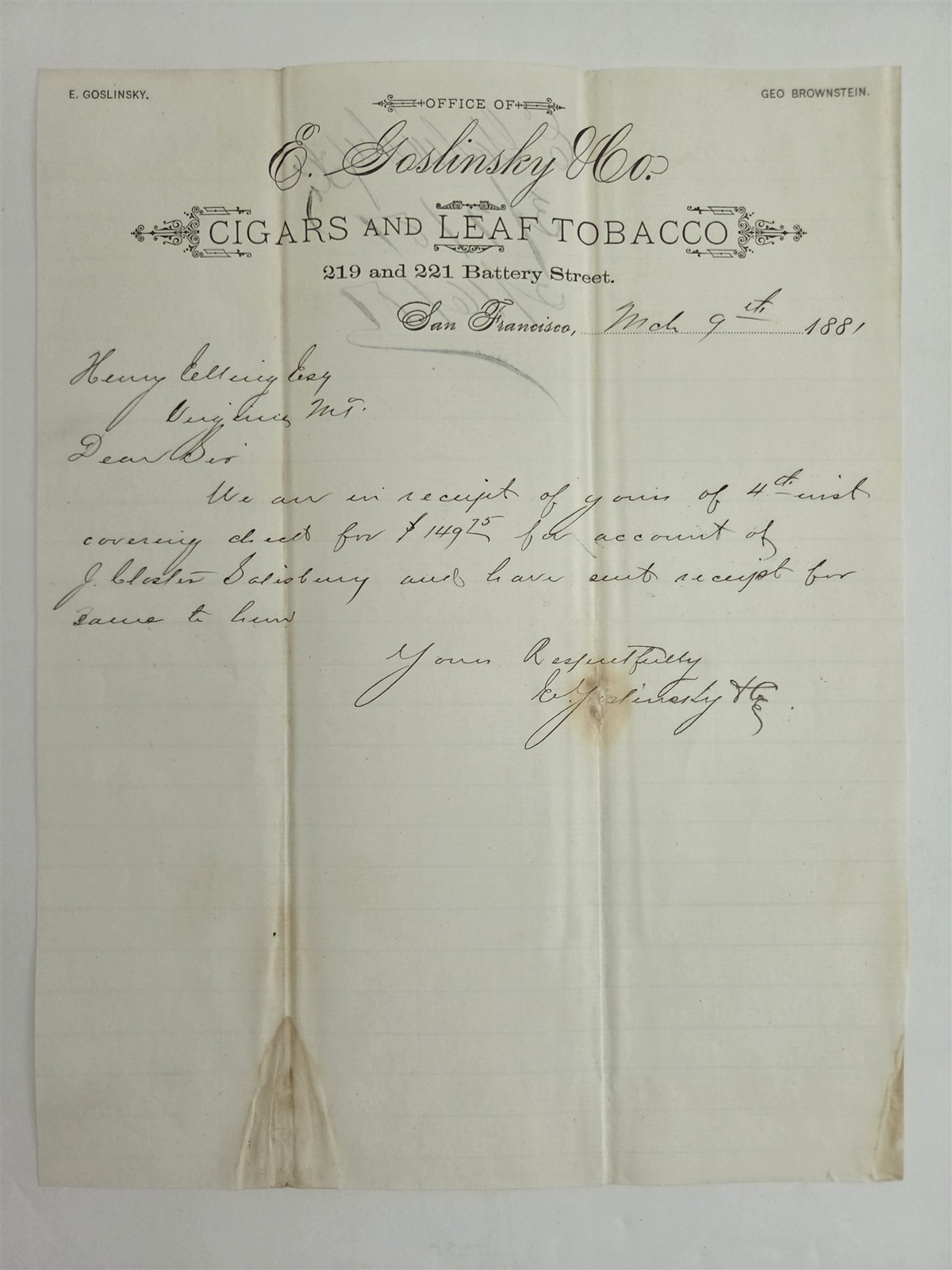 1881 antique E GOSLINSKY & CO san francisco ca CIGARS LEAF TOBACCO letterhead
