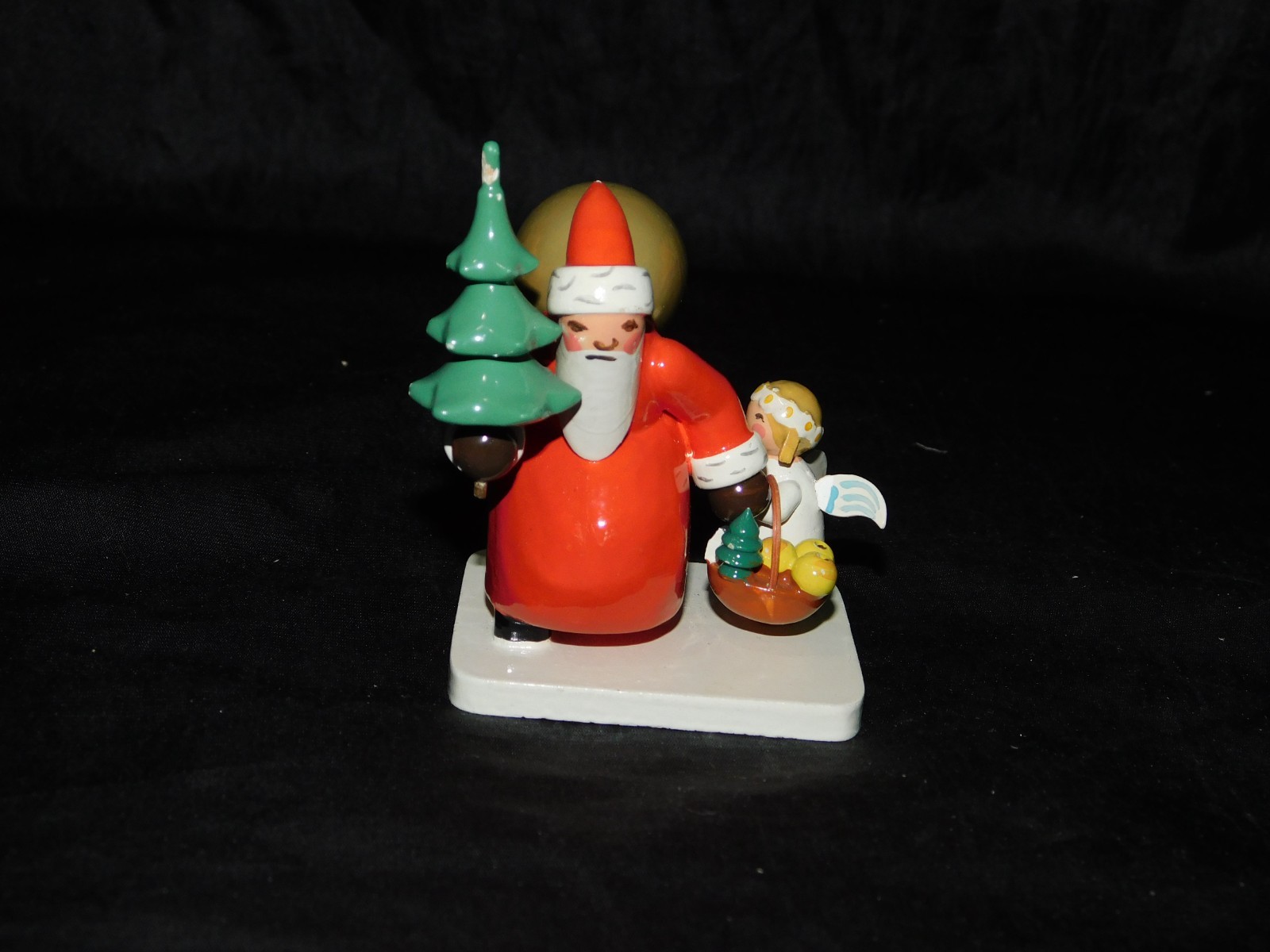 Vintage Erzgebirge East German Wood Christmas Santa Tree Angel Figurine Basket