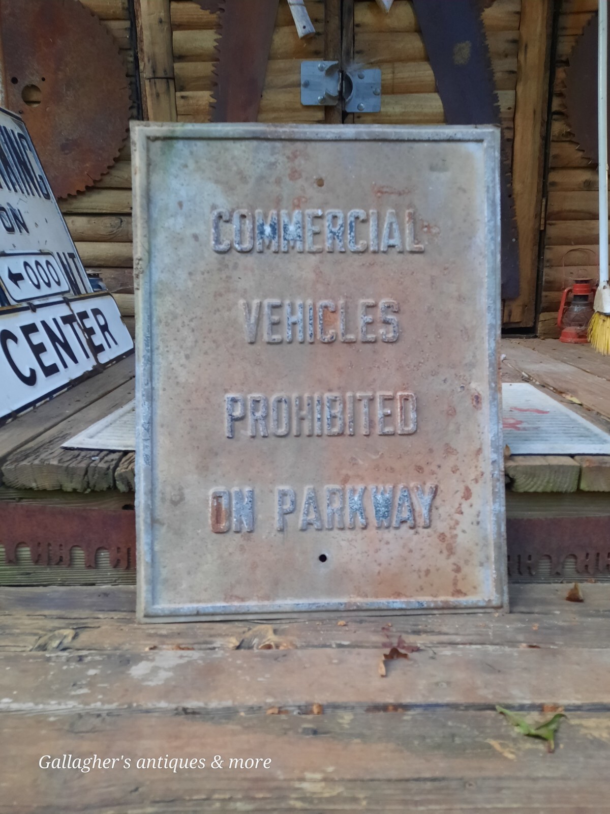 Vintage antique Embossed Heavy Steel Commercial vehicles prohibited Parkway Sign Vintage antique Embossed Heavy Steel Commercial vehicles prohibited Parkway Sign
