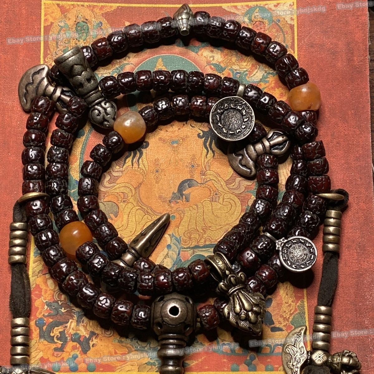 Antique Tibetan Vajrayana Mala - Complete 108 Rudraksha Beads w/ Aged Patina