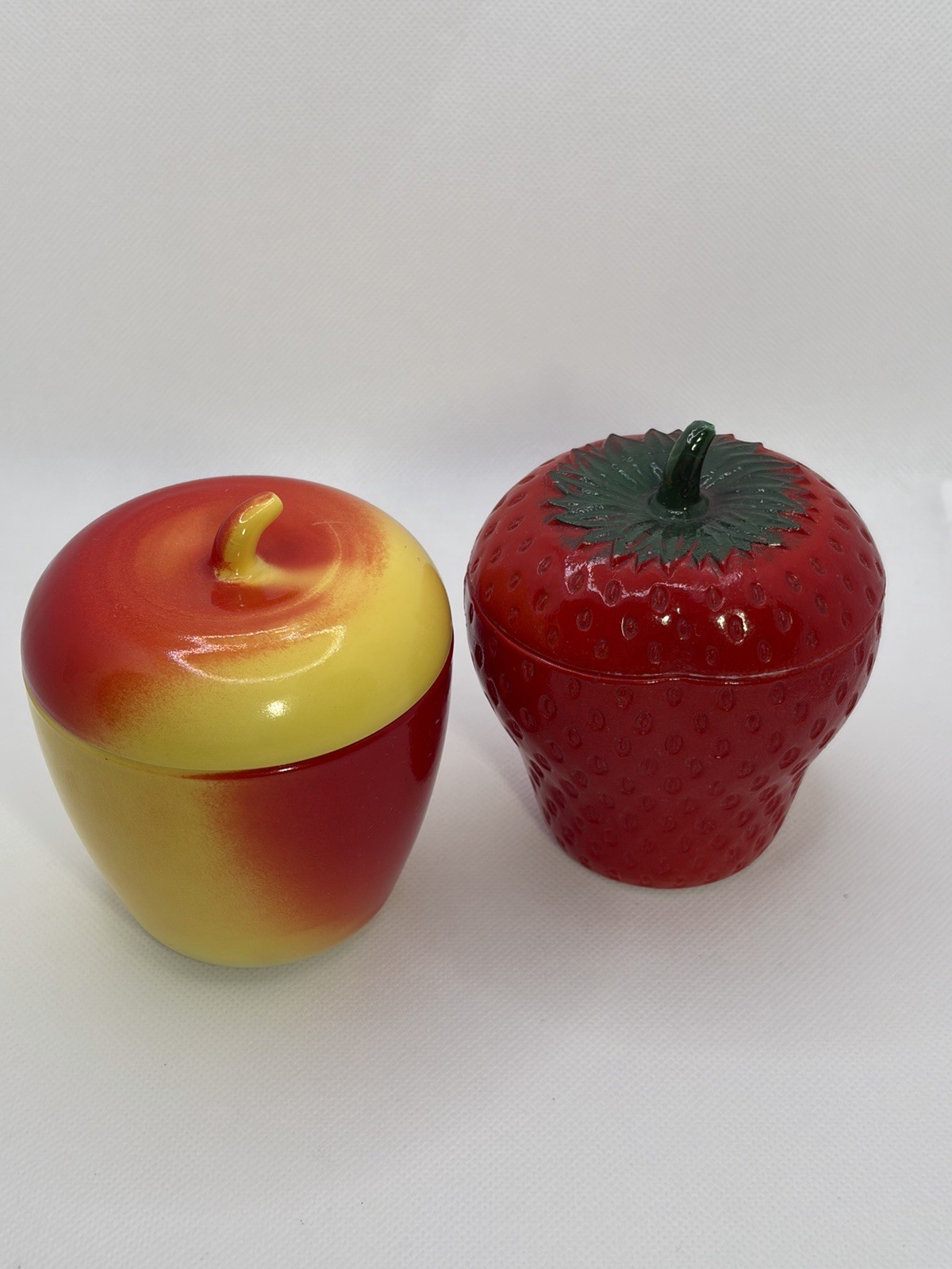 Hazel Atlas Vintage Strawberry & Apple Shaped Jam Jar Lid Milk Glass Red Yellow