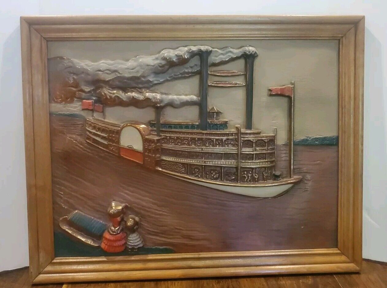 Vintage 1960  MCM 3-D Wall Art Ideal Originals Americana Riverboat Framed 22x17