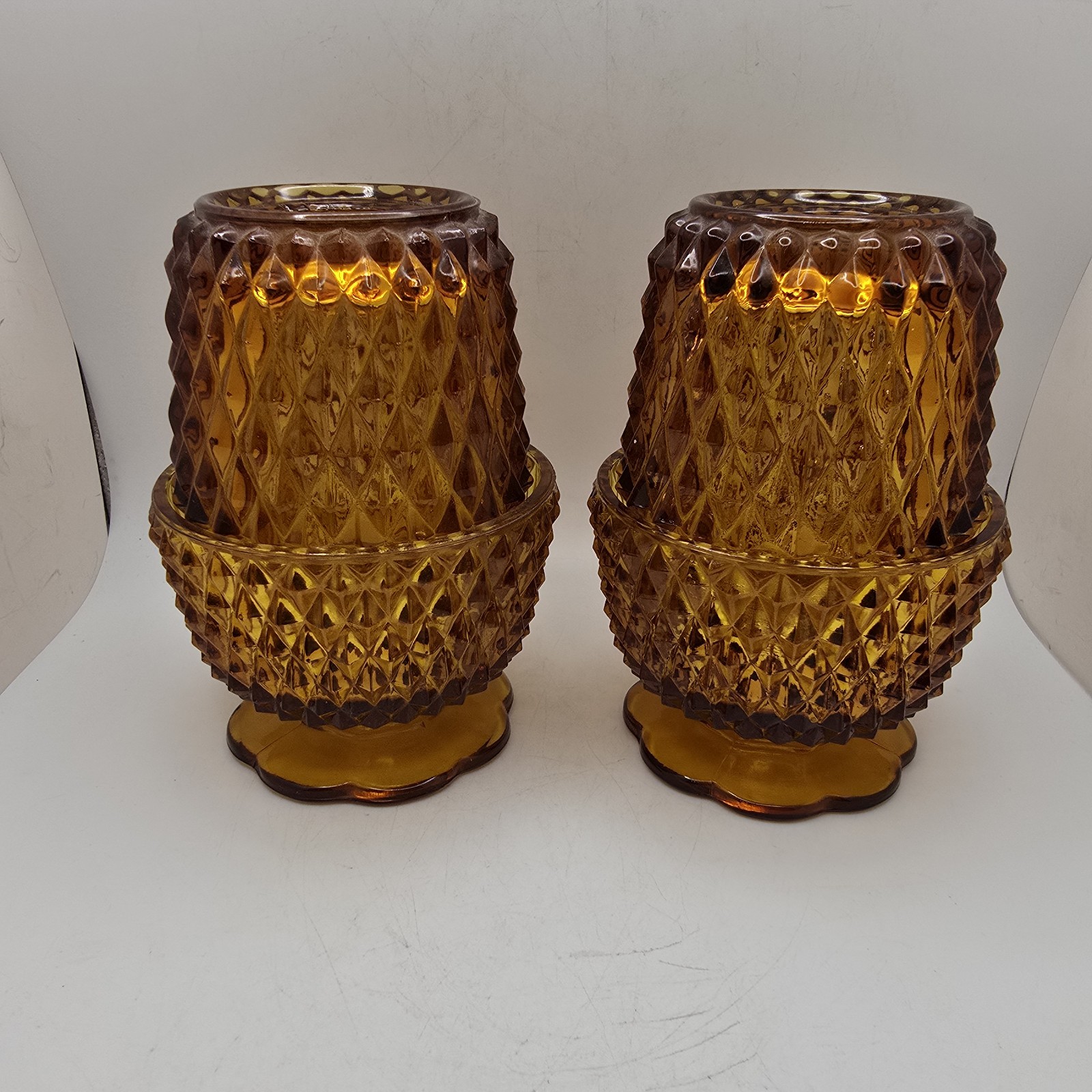 Vtg Amber Fairy Lamps Set Of 2 Indiana Glass Diamond Point Candle Holders USA