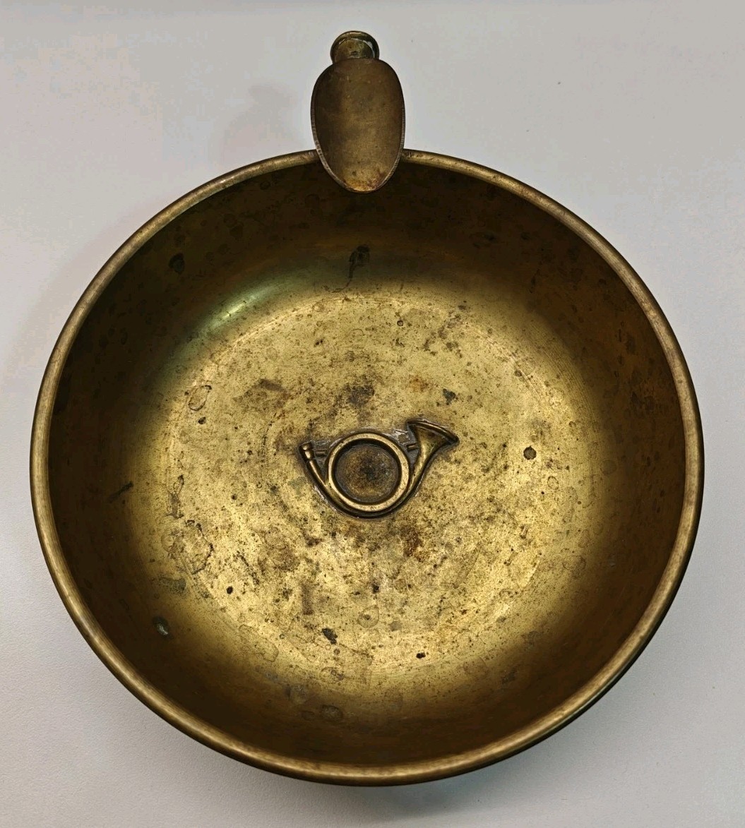 Antique Vintage Brass Cigar Ashtray with Bugle Horn Fox Hunting Unique EUC Piece