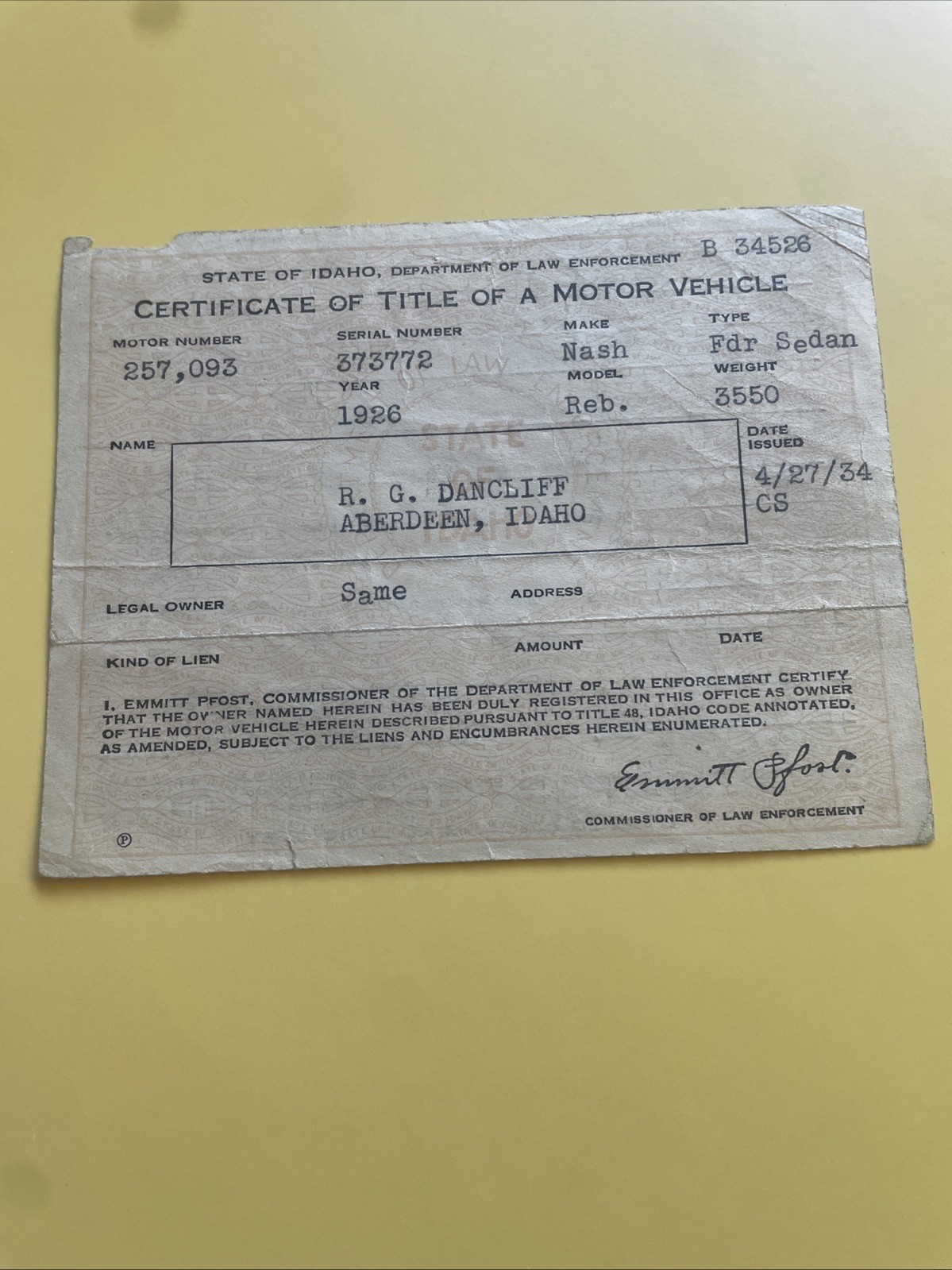 Certificate Of Title 1926 Nash FDR Sedan Reb (#6)