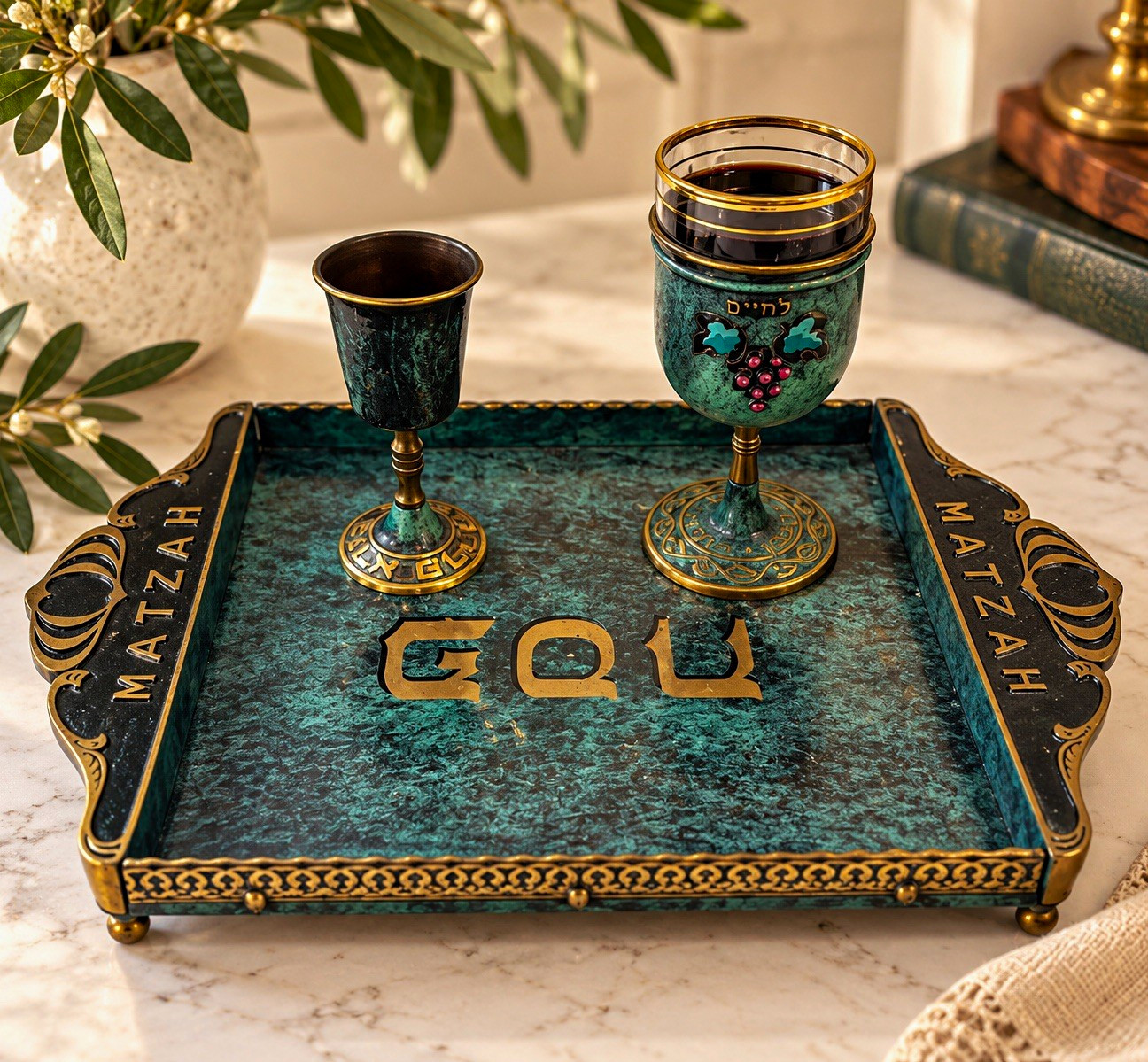 Vintage Israeli Judaica Kiddush Cups & Matzah Tray Set – Brass & Verdigris