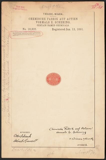 Chemische Fabrik Auf Actien Vormals E Schering 1891 Trademark Registration