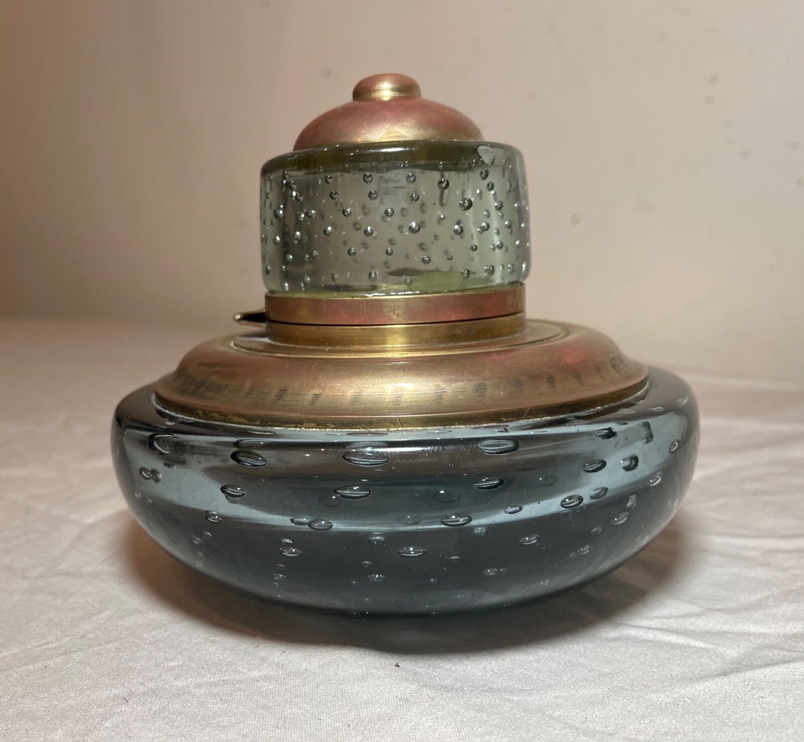 large vintage handmade hand blown control bubble glass bronze desk inkwell jar