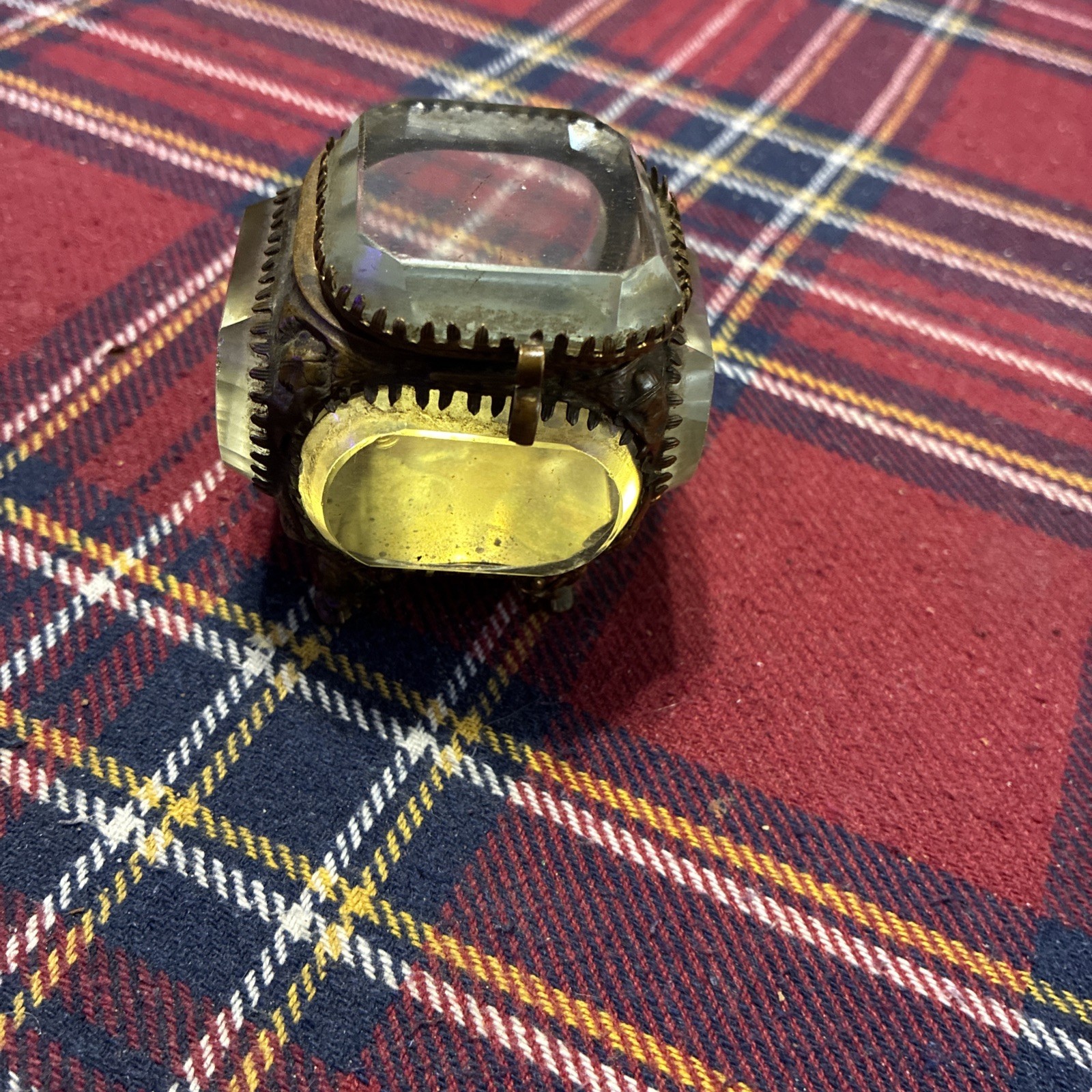 Antique Thick Beveled Glass Jewelry Casket Pillow Box Vintage Trinket box velvet
